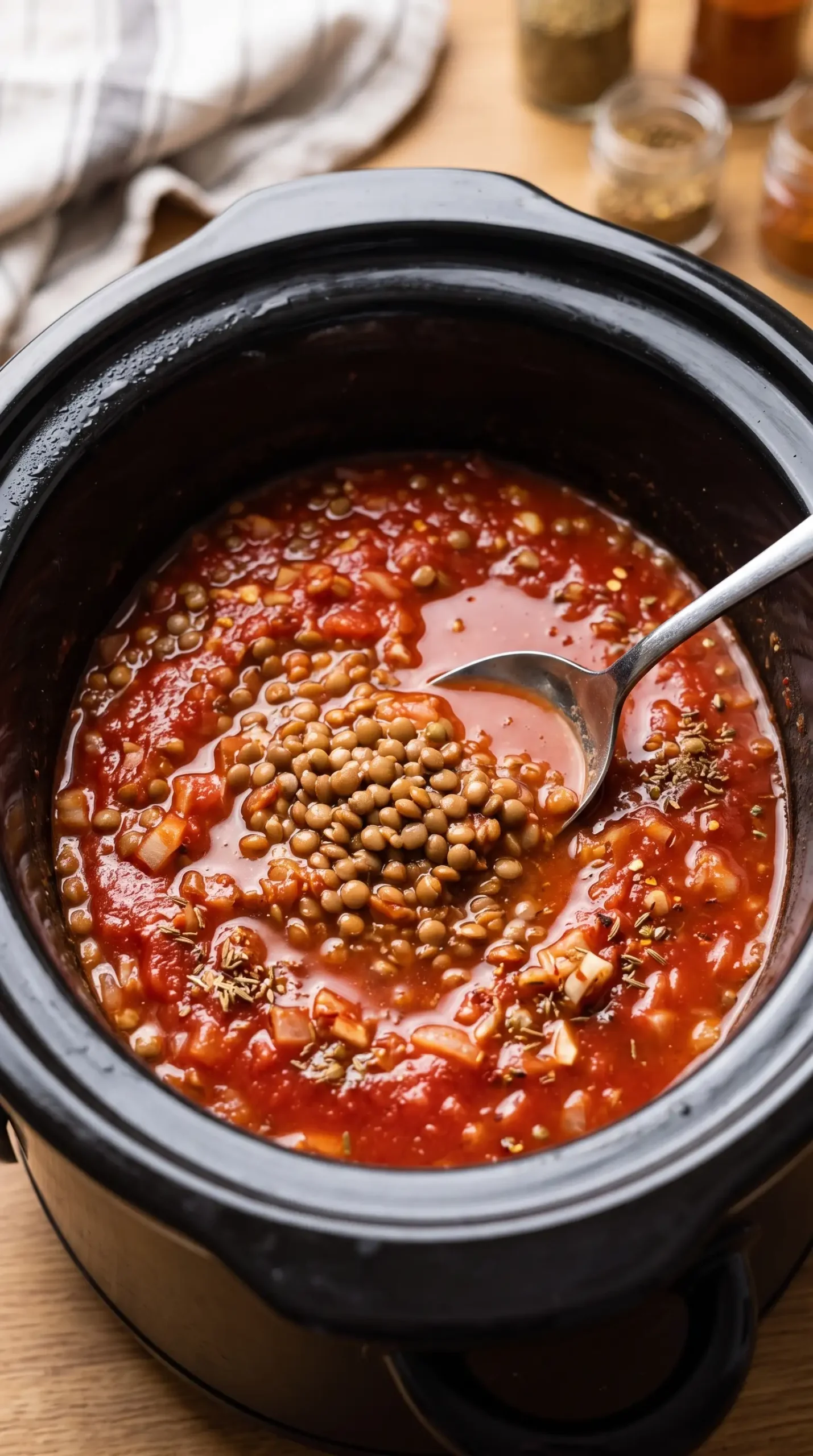 Slow cooker with brown lentils, tomato puree, onions, and spices
