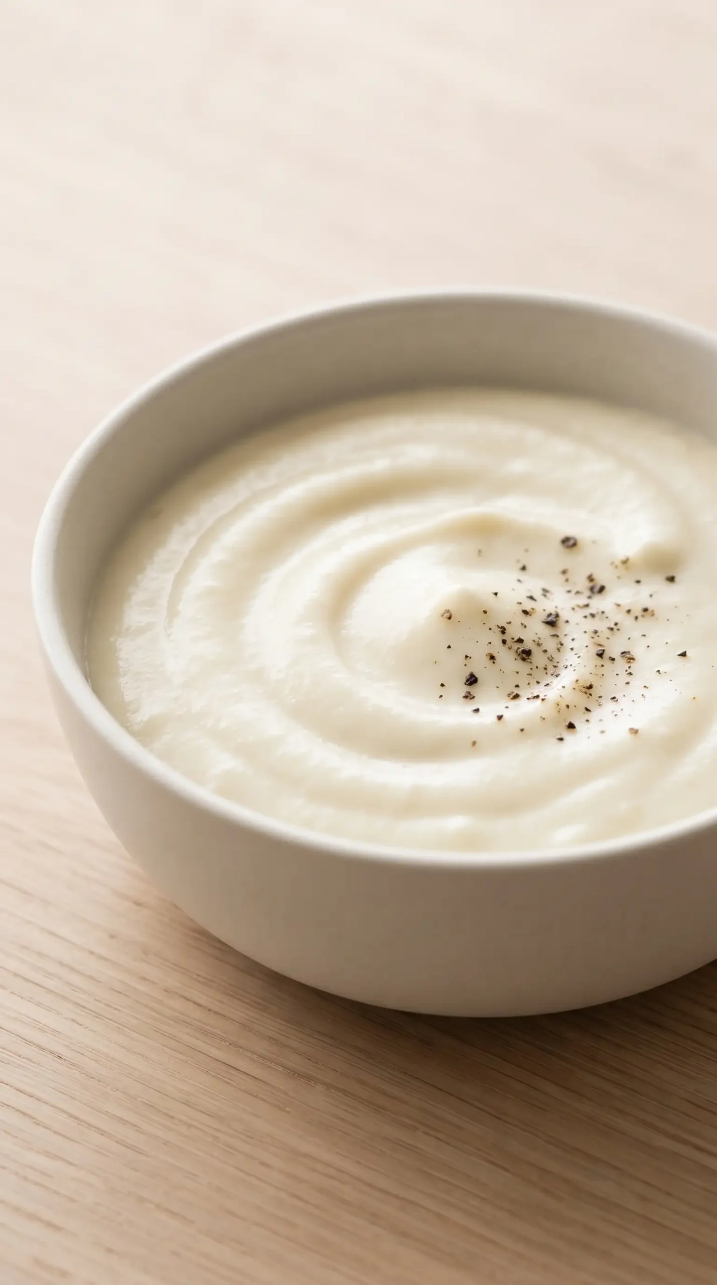 Smooth creamy cauliflower sauce served in a bowl with a silky spoonable texture