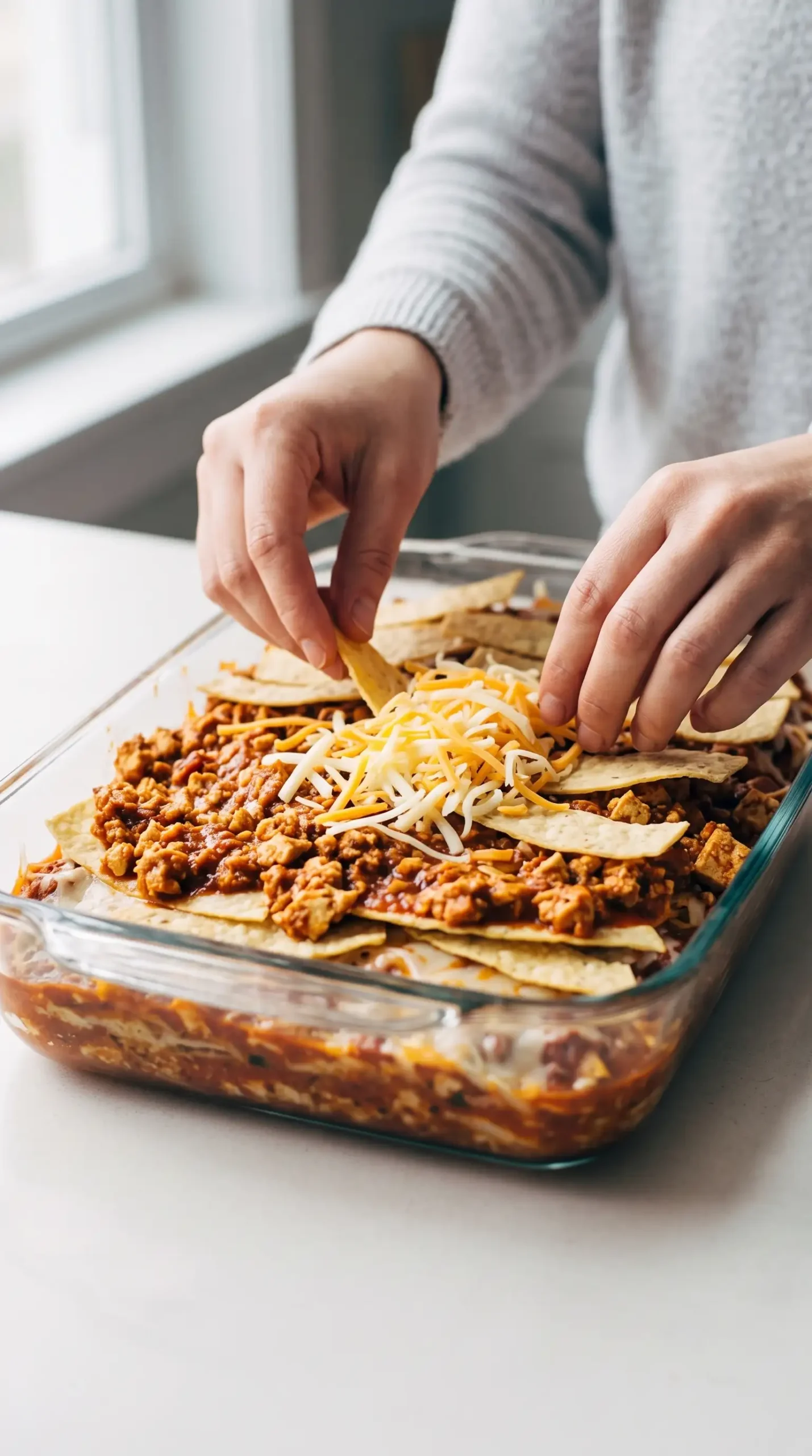 Corn tortillas, sofritas tofu, sauce, and cheese layered in a baking dish