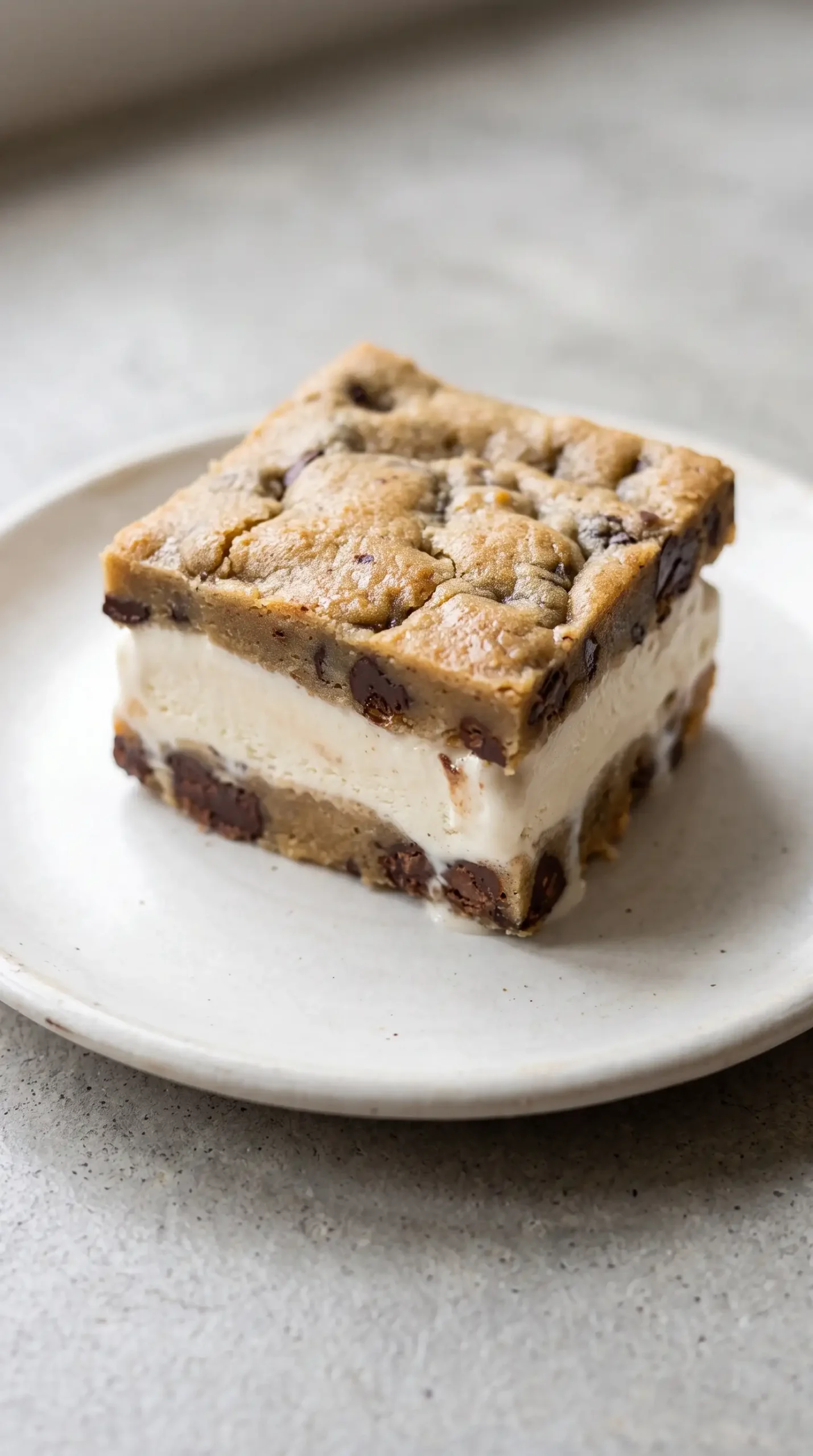Chocolate chip cookie ice cream bar with a softened vanilla center ready to serve