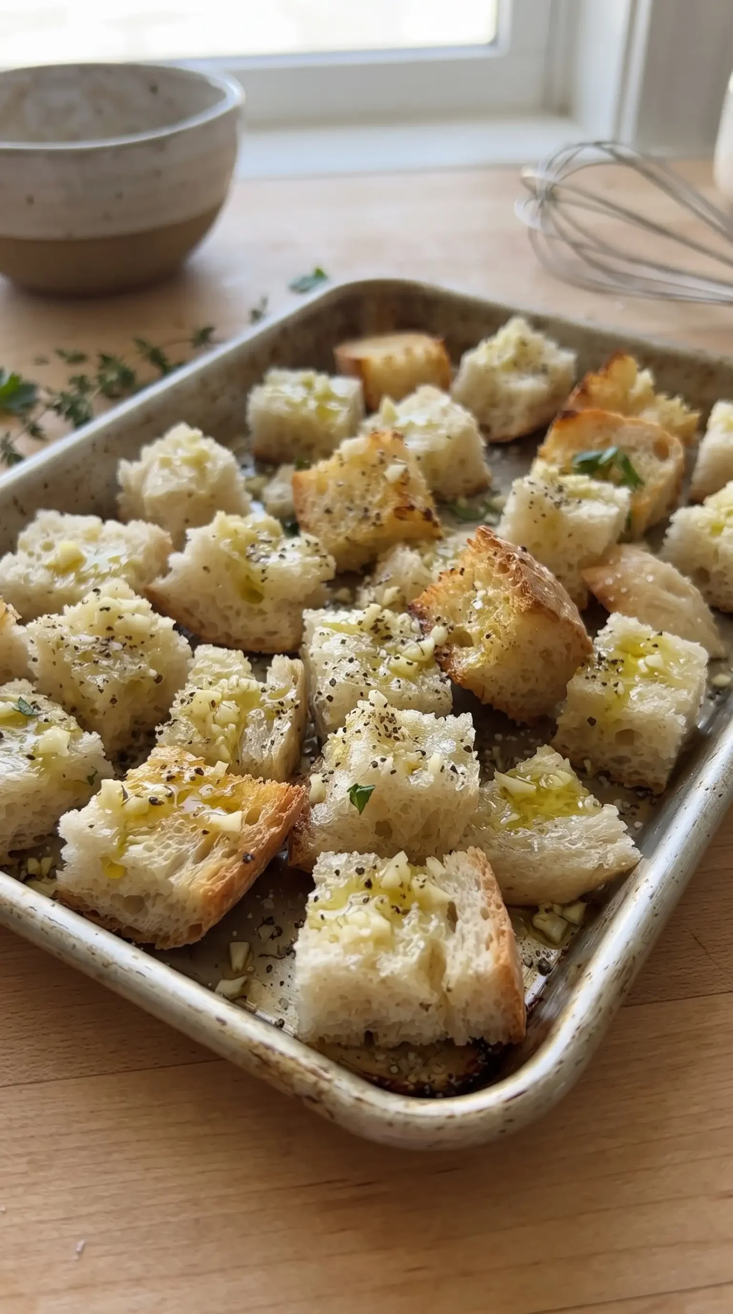 Seasoned sourdough croutons prepared with olive oil, garlic, salt, and pepper