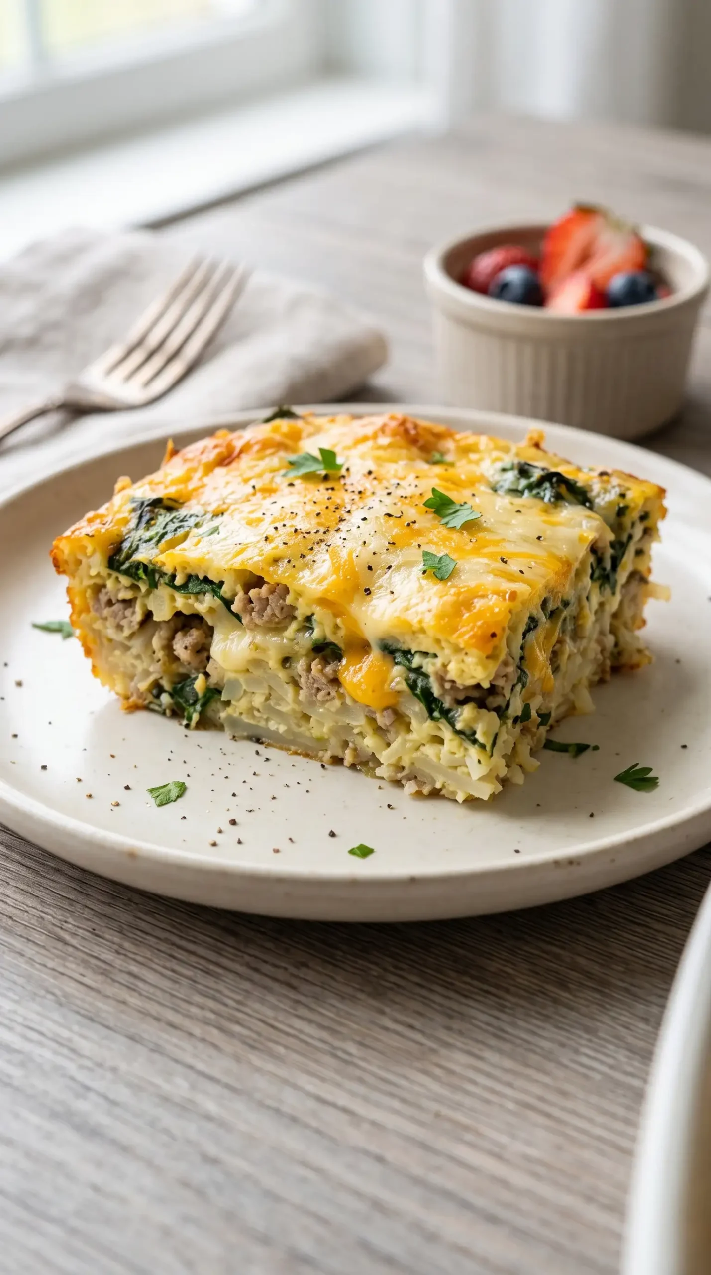 Serving of spinach potato casserole showing layers of potato, spinach, turkey, and cheese