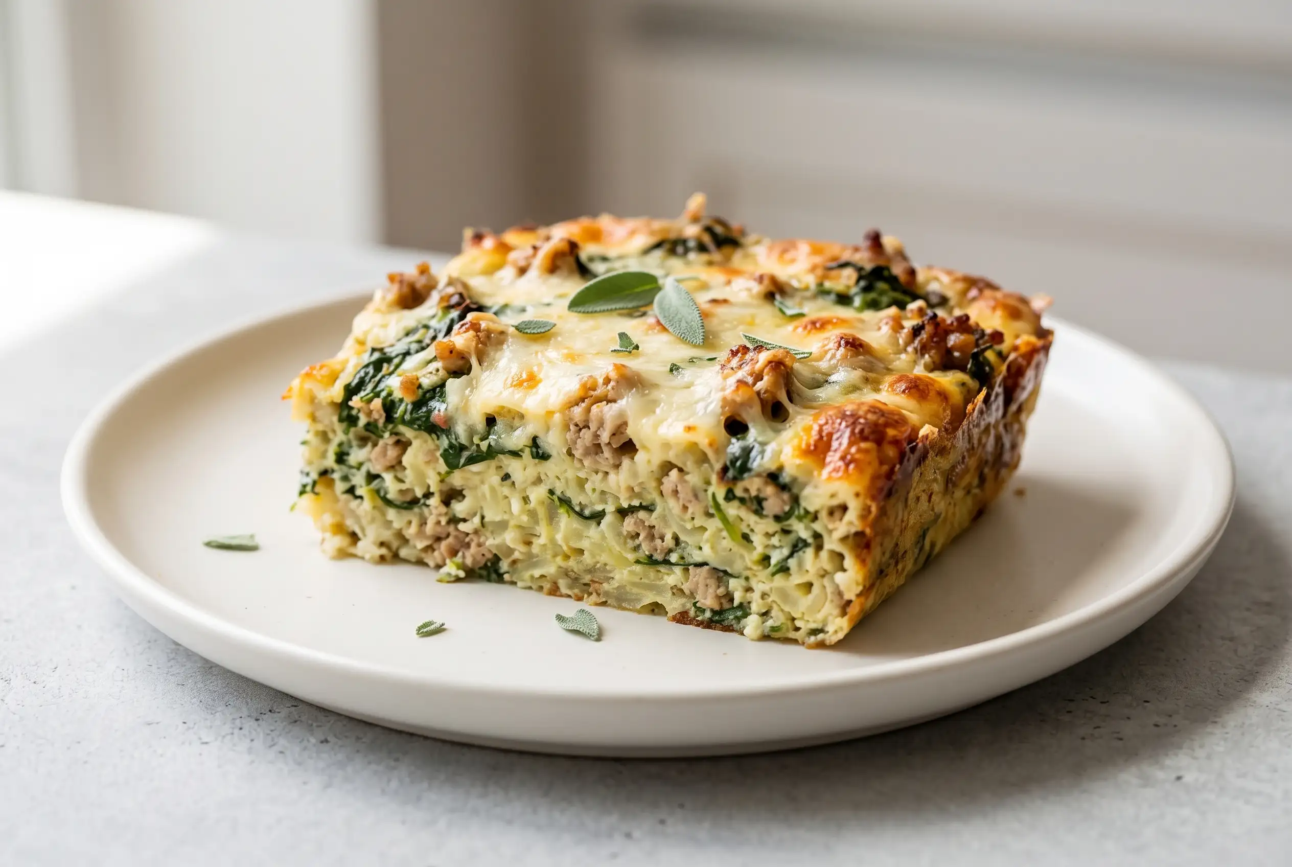 Spinach potato casserole with turkey and golden cheese topping on a ceramic plate