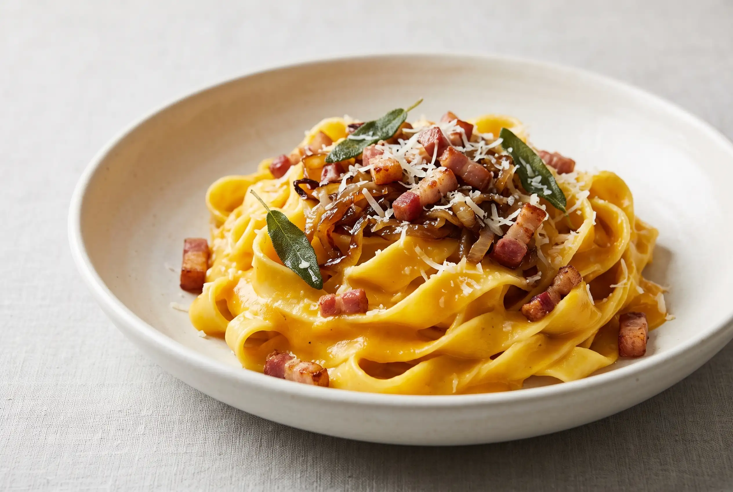 Squash Fettuccine with Pancetta Squash fettuccine with creamy butternut squash sauce, pancetta, caramelized onion, and Parmesan