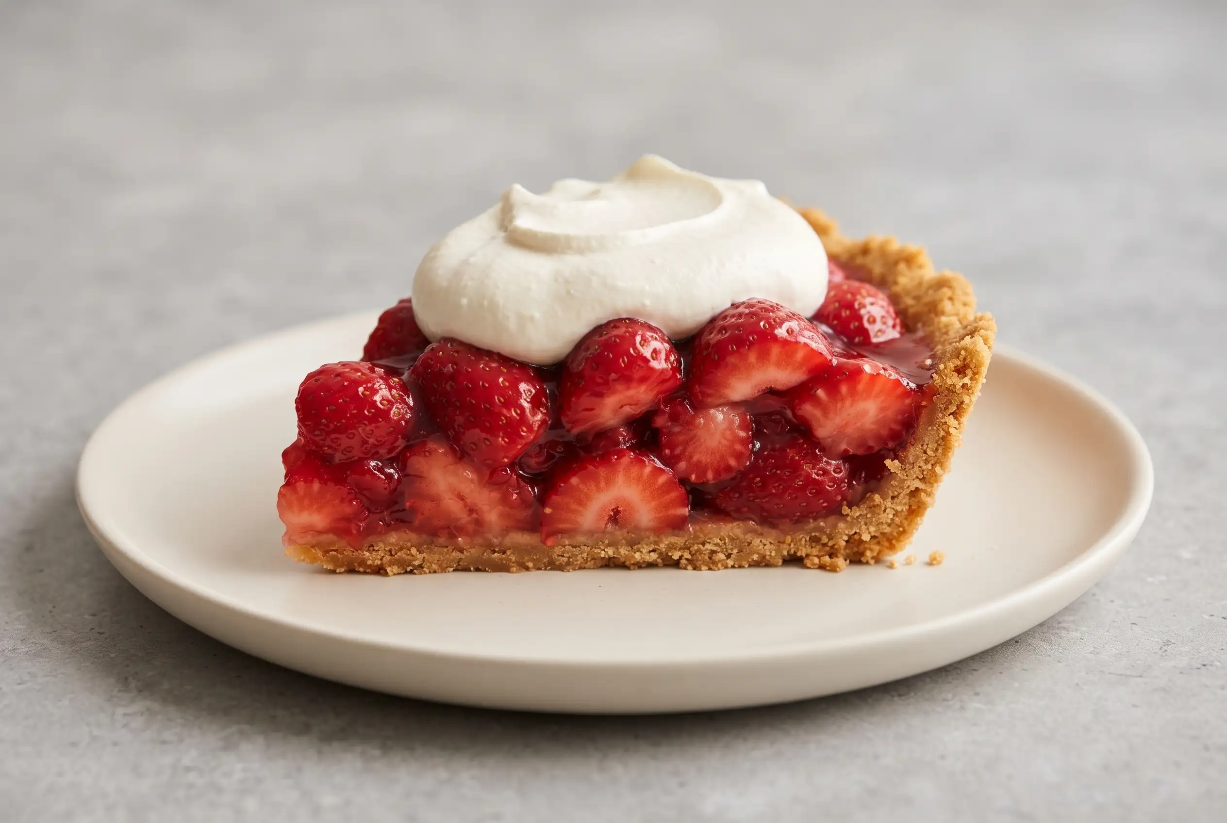 Strawberry pie slice with graham cracker crust, fresh berries, glossy filling, and cream cheese topping