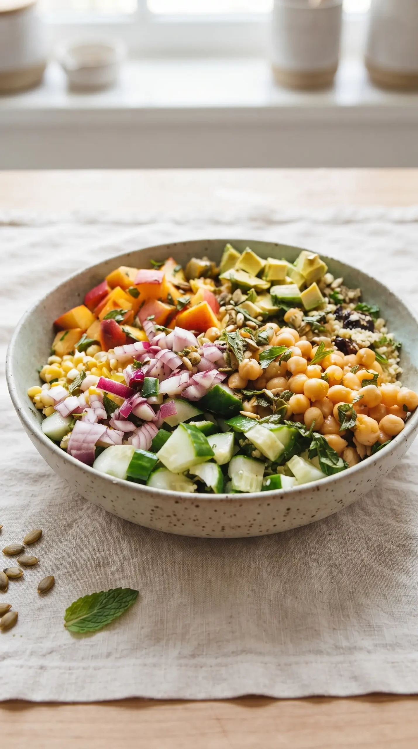 Couscous summer salad with chickpeas, herbs, avocado, corn, fruit, and lemon dressing