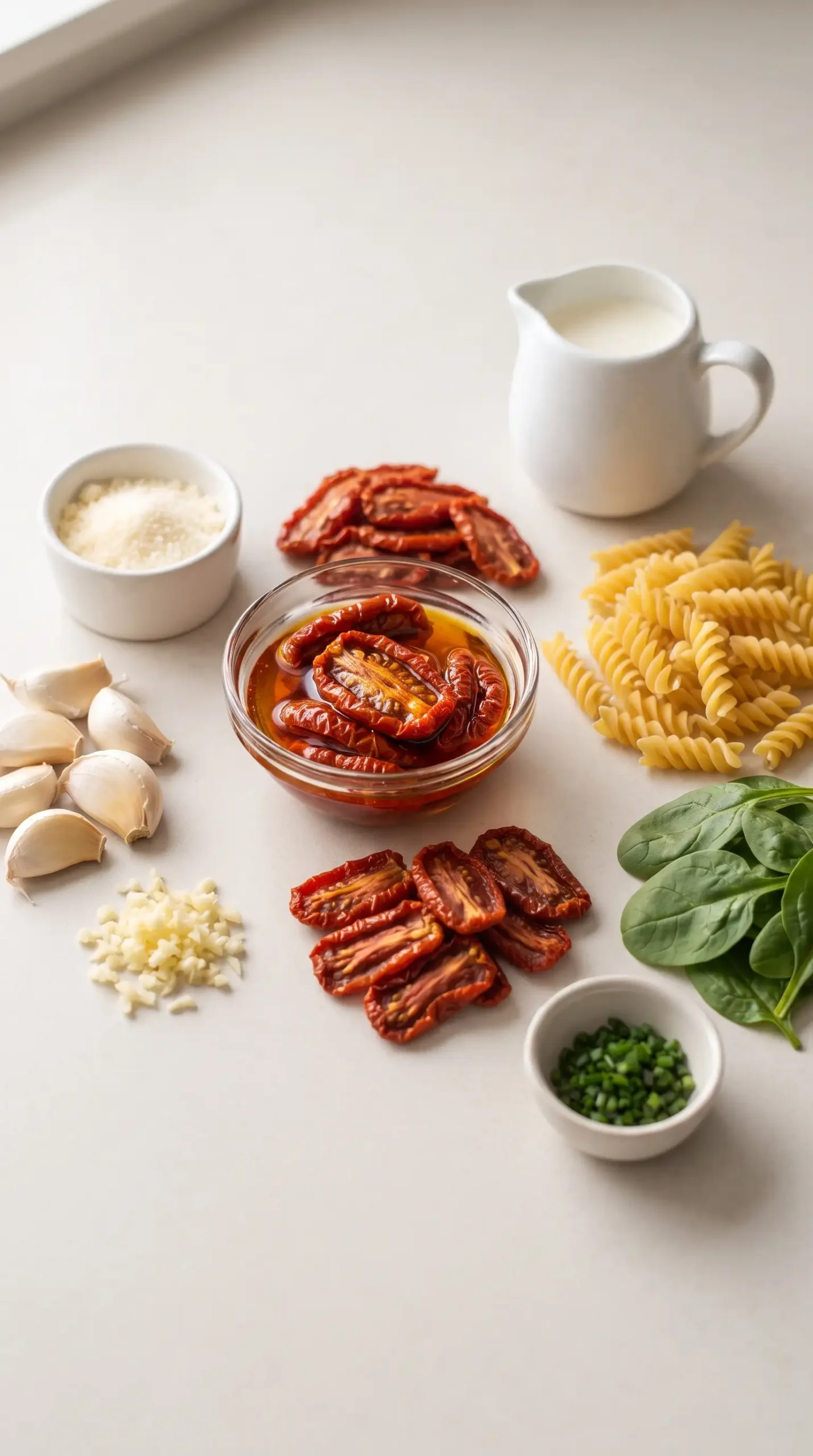 Sun-dried tomatoes, garlic, spinach, spirali pasta, cream, and Parmesan prepared for pasta sauce