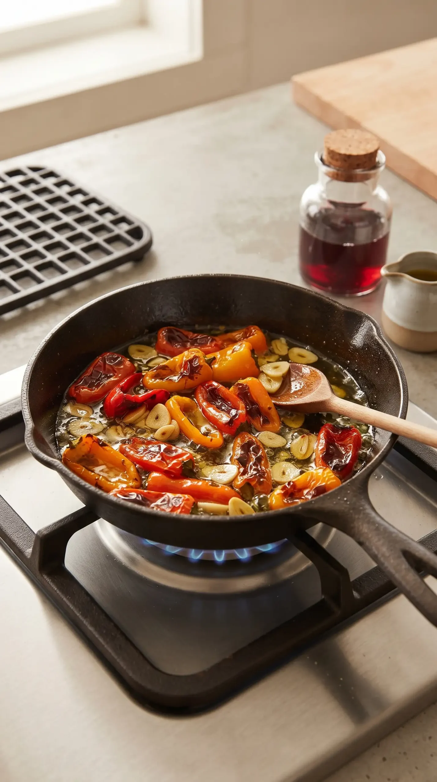 Sweet peppers and garlic cooking together for egg waffle toppings