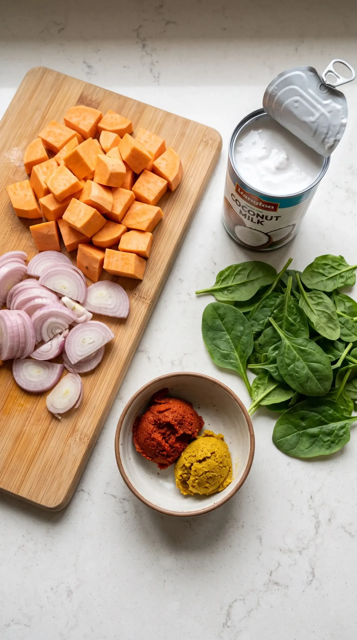 Sweet potatoes, curry paste, coconut milk, shallots, and spinach for curry preparation
