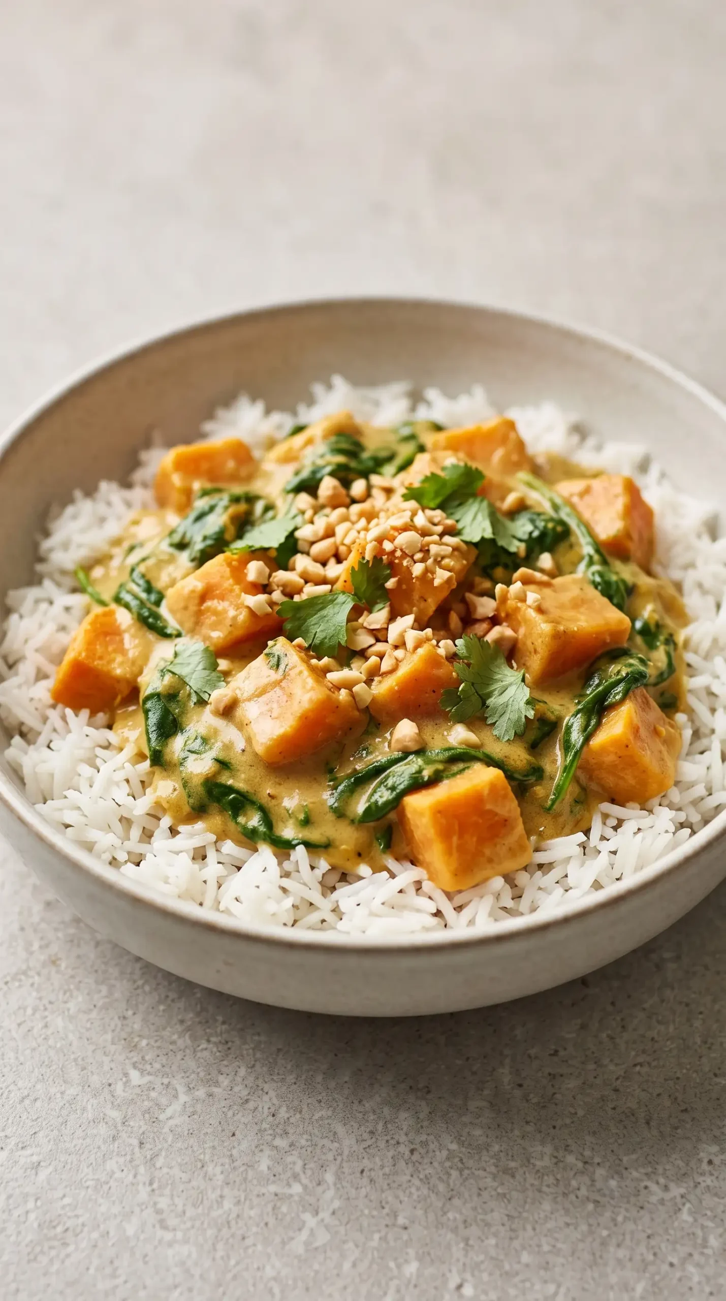 Sweet potato curry with spinach served over white rice with peanuts and cilantro
