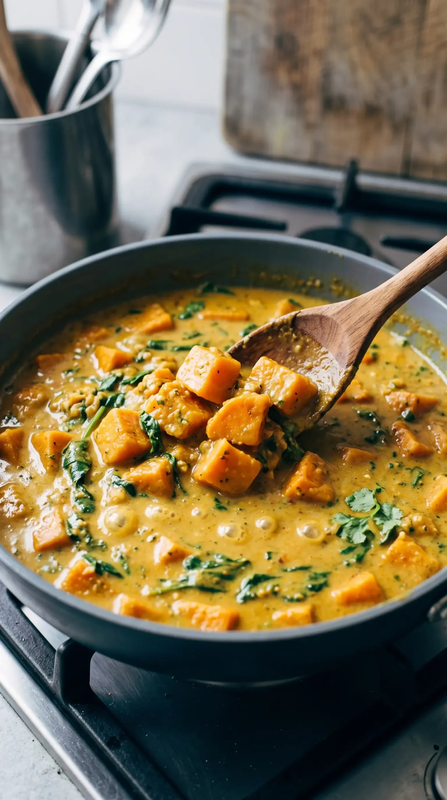 Sweet potato curry simmering with coconut sauce and tender vegetables in a pan