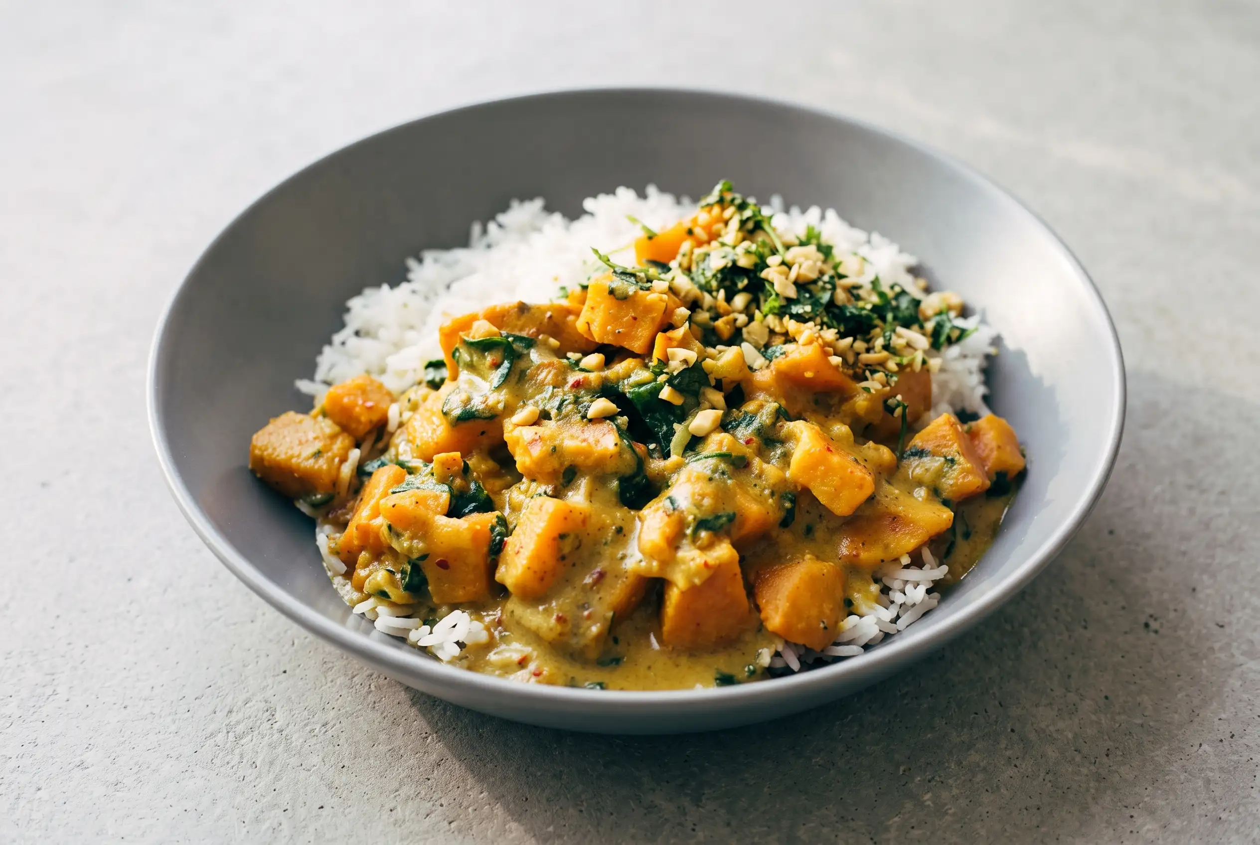 Sweet potato curry with coconut milk, spinach, rice, peanuts, and cilantro in a bowl