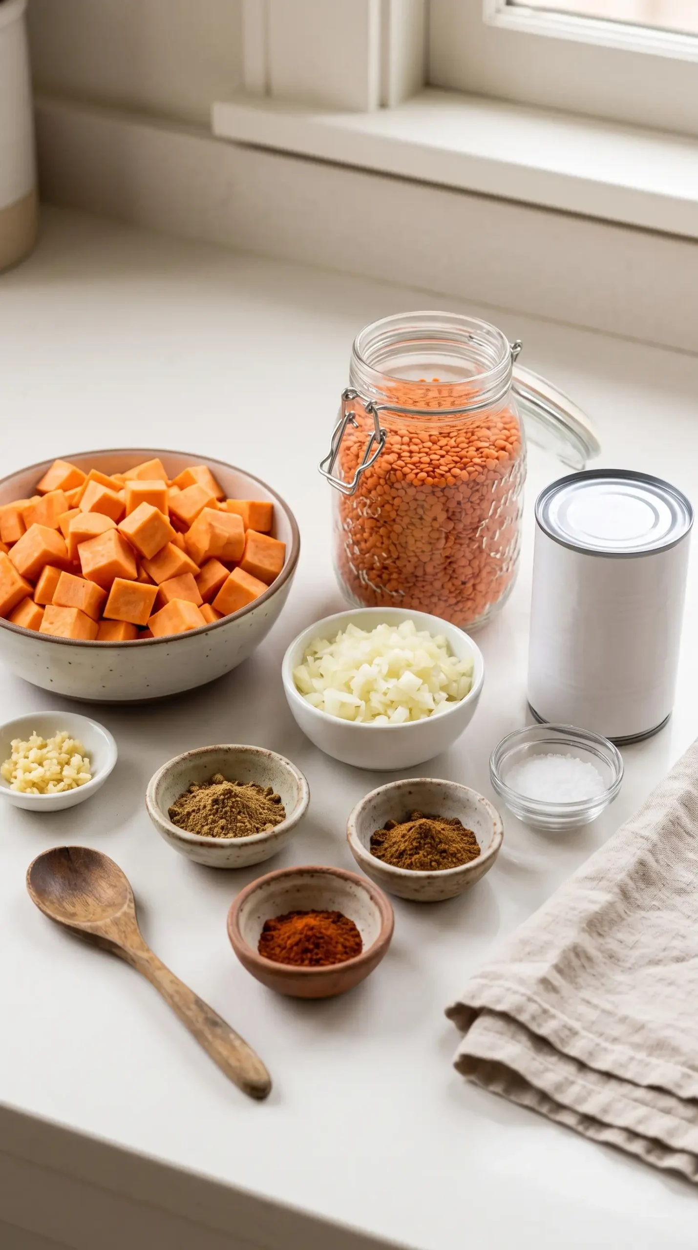 Sweet potatoes, red lentils, spices, onion, garlic, and coconut milk for lentil curry