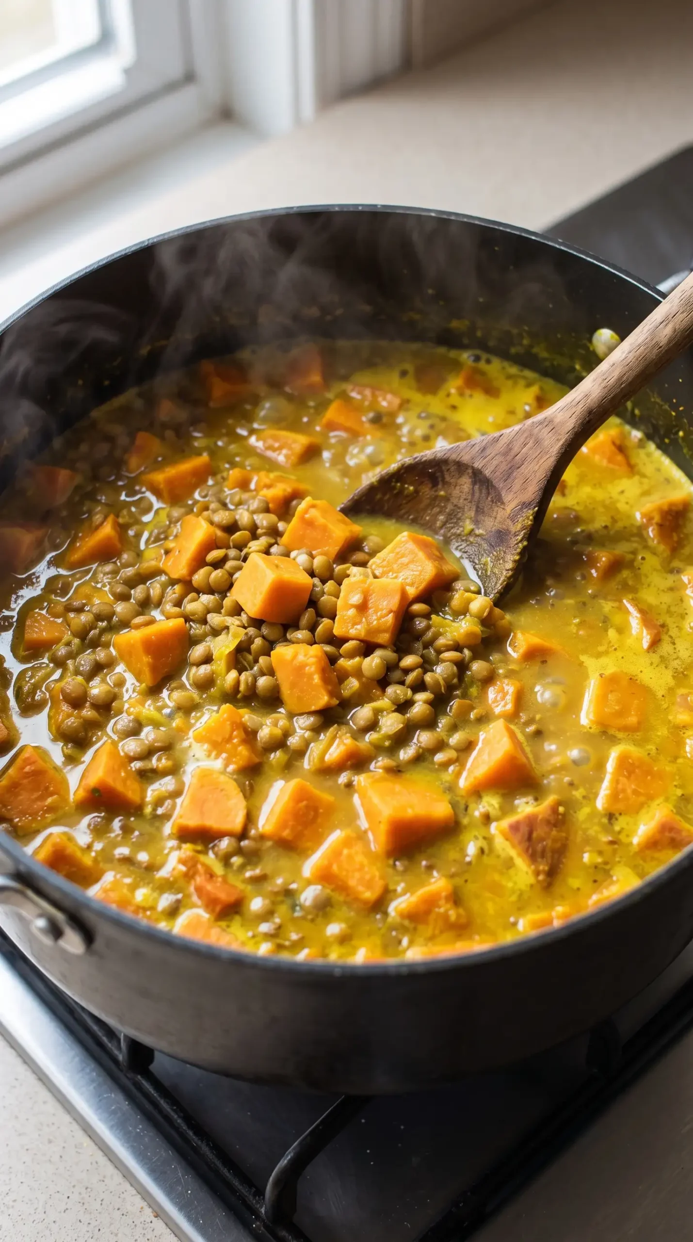 Sweet potato cubes and lentils simmering together in a golden turmeric curry broth