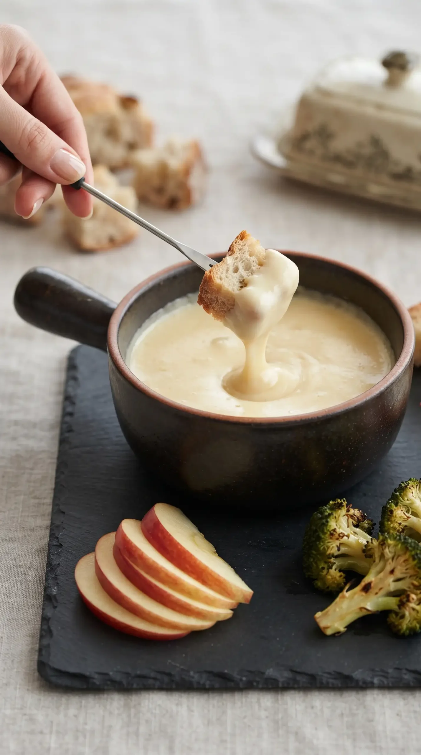 Swiss fondue pot with bread cube dipped into creamy melted cheese sauce