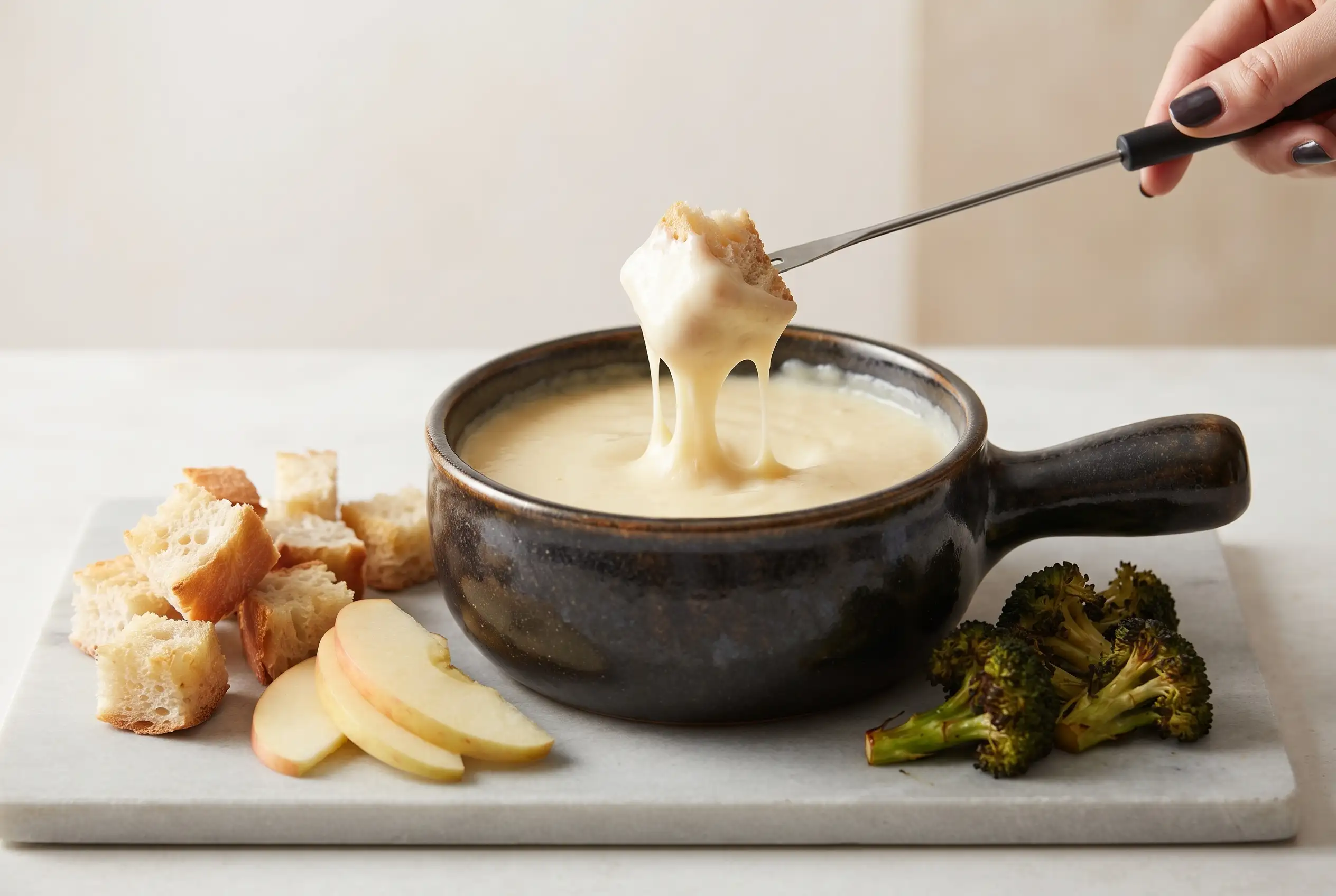 Swiss Fondue with Dippers Swiss fondue with melted Swiss cheese and white wine sauce served with bread, apples, and broccoli
