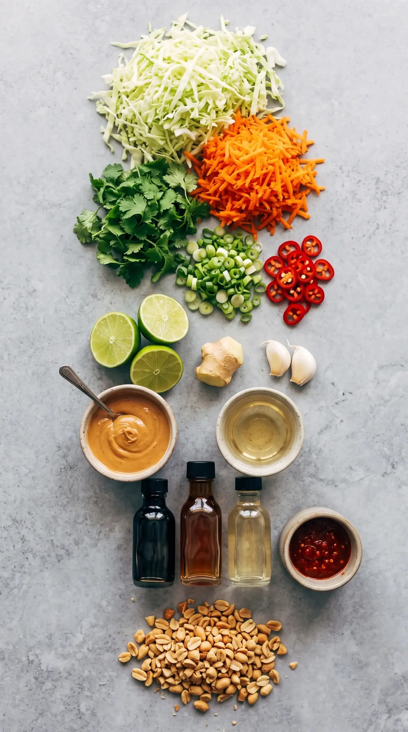 Ingredients for Thai chicken salad with cabbage, carrots, herbs, peanuts, and peanut dressing