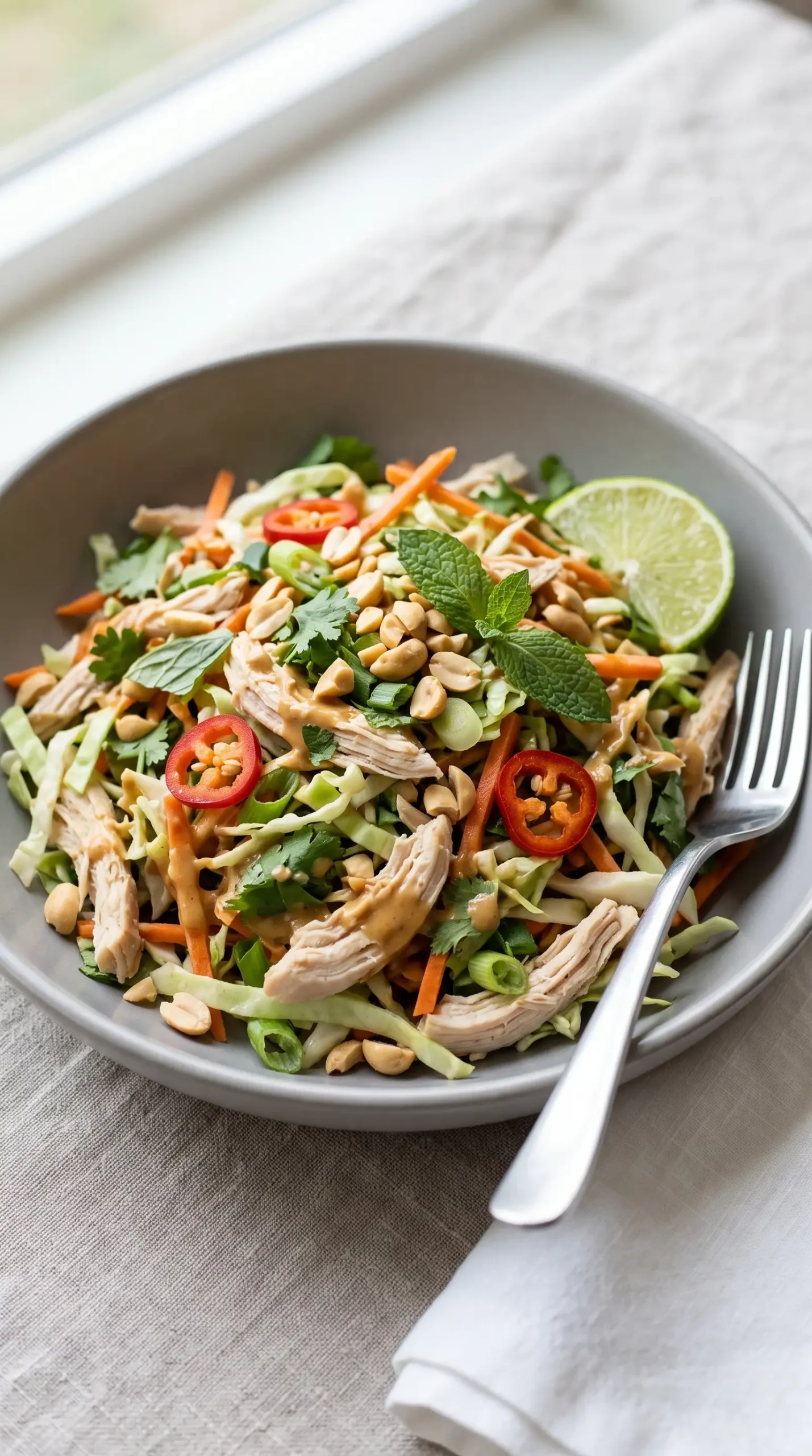 Serving of Thai chicken salad with peanut dressing, herbs, vegetables, and peanuts