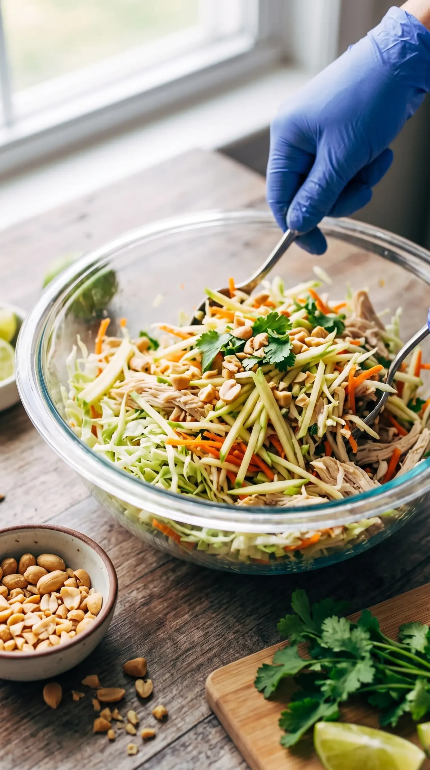 Shredded chicken and vegetables being prepared for Thai chicken salad
