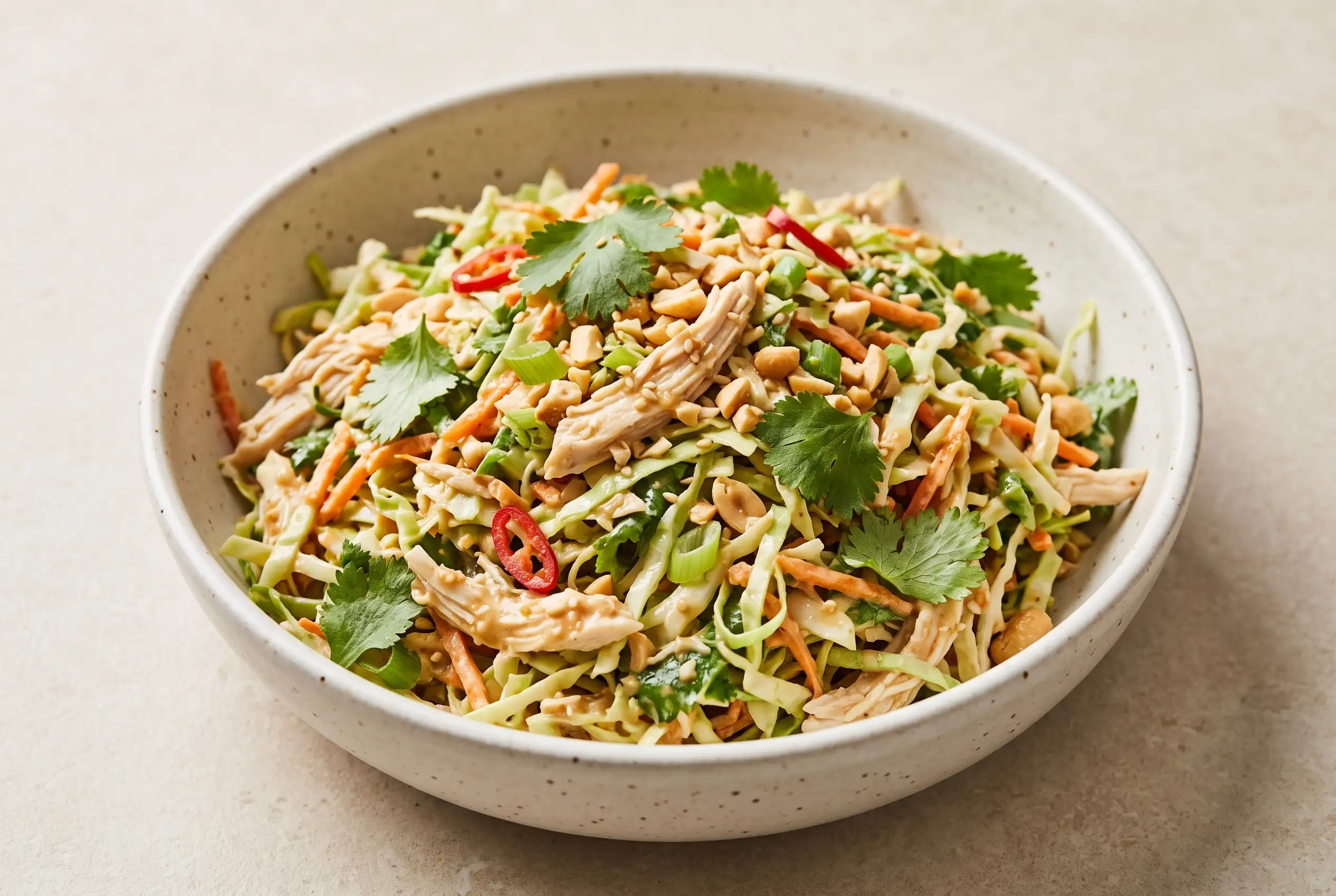 Thai chicken salad with peanut dressing, shredded vegetables, herbs, and peanuts in a bowl