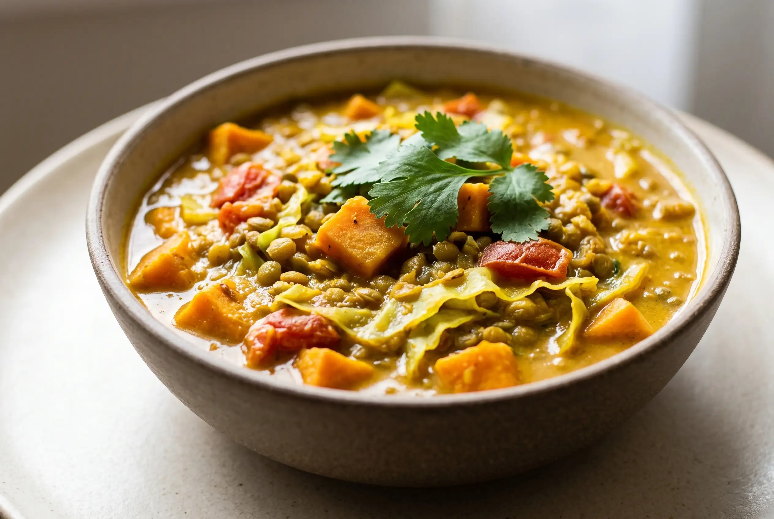 Thai sweet potatoes and lentils with creamy coconut curry in a bowl with sweet potatoes, lentils, and cilantro