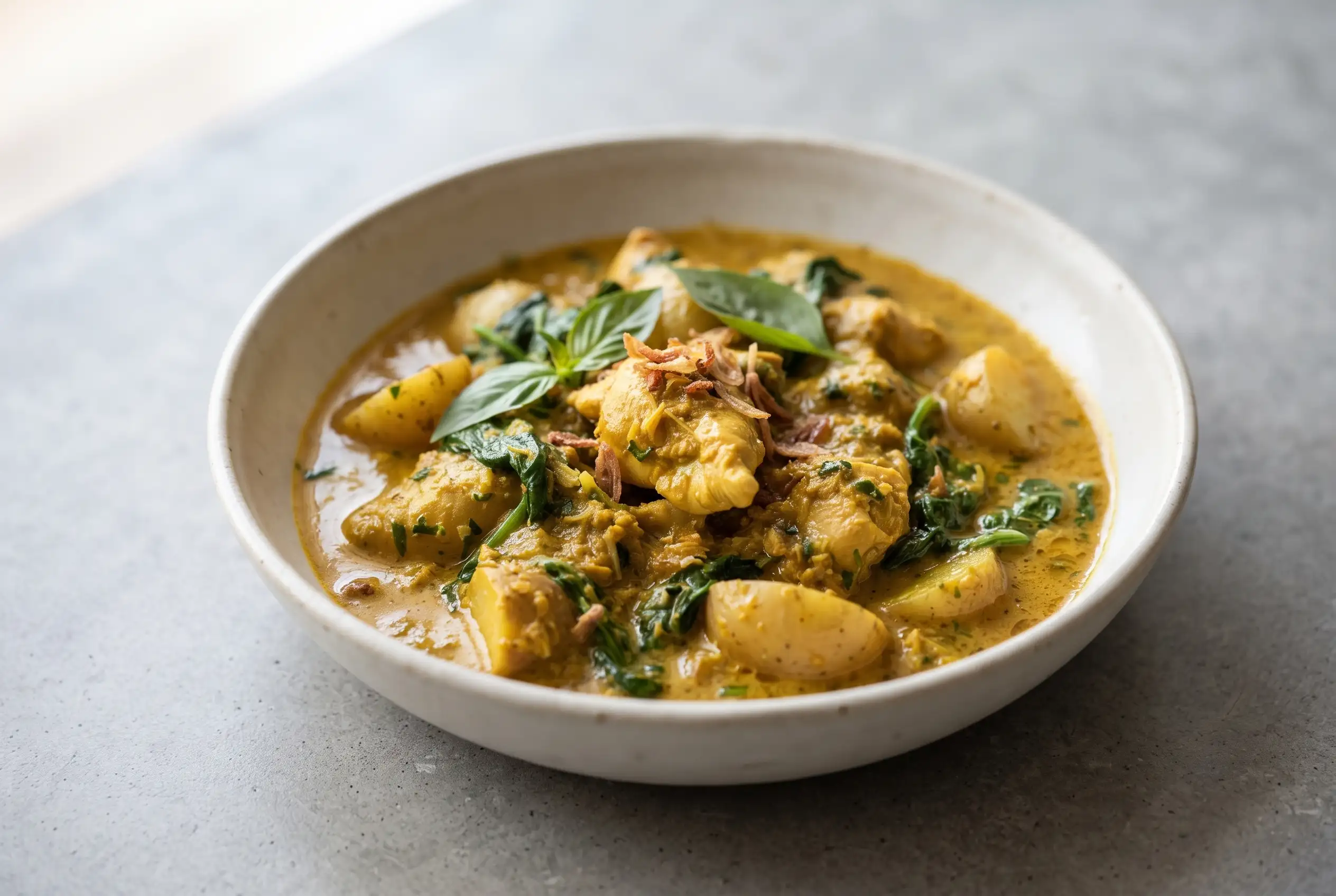 Bowl of homemade Thai yellow curry paste with roasted aromatics and garlic in a golden curry sauce