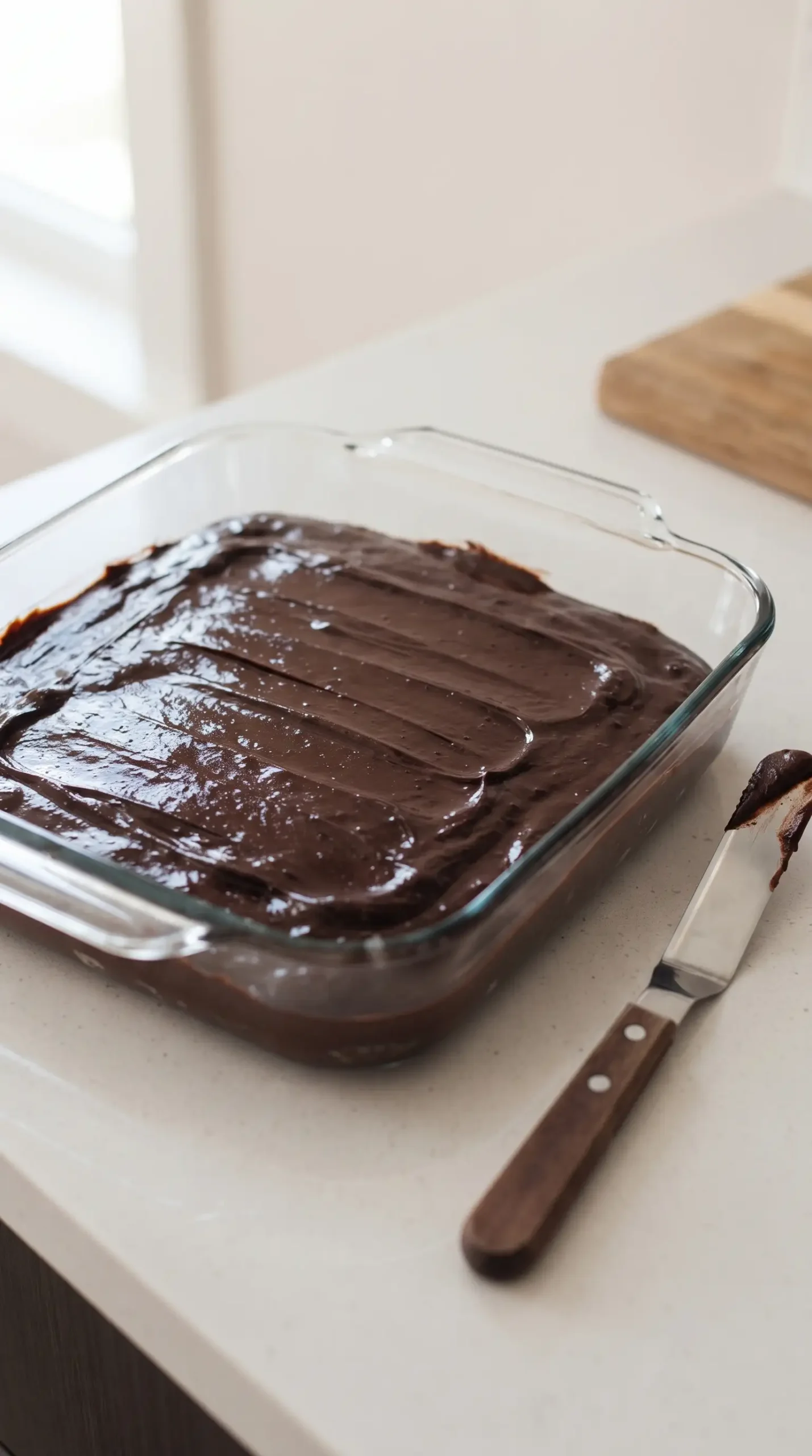 Thick chocolate brownie batter spread in a square baking dish before baking
