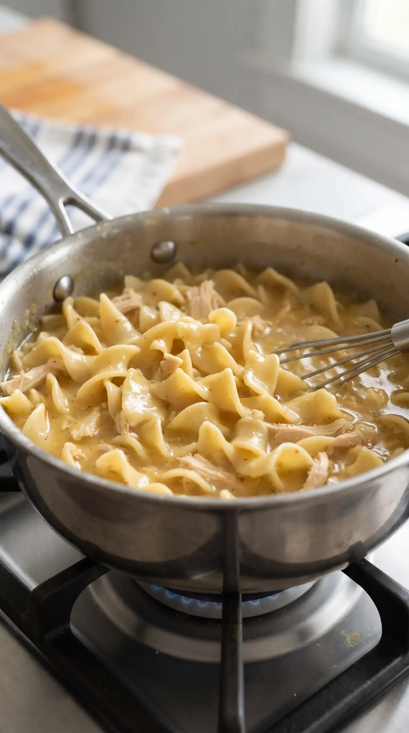 Thick egg noodles cooking in chicken broth as the base for creamy cheesy chicken noodles