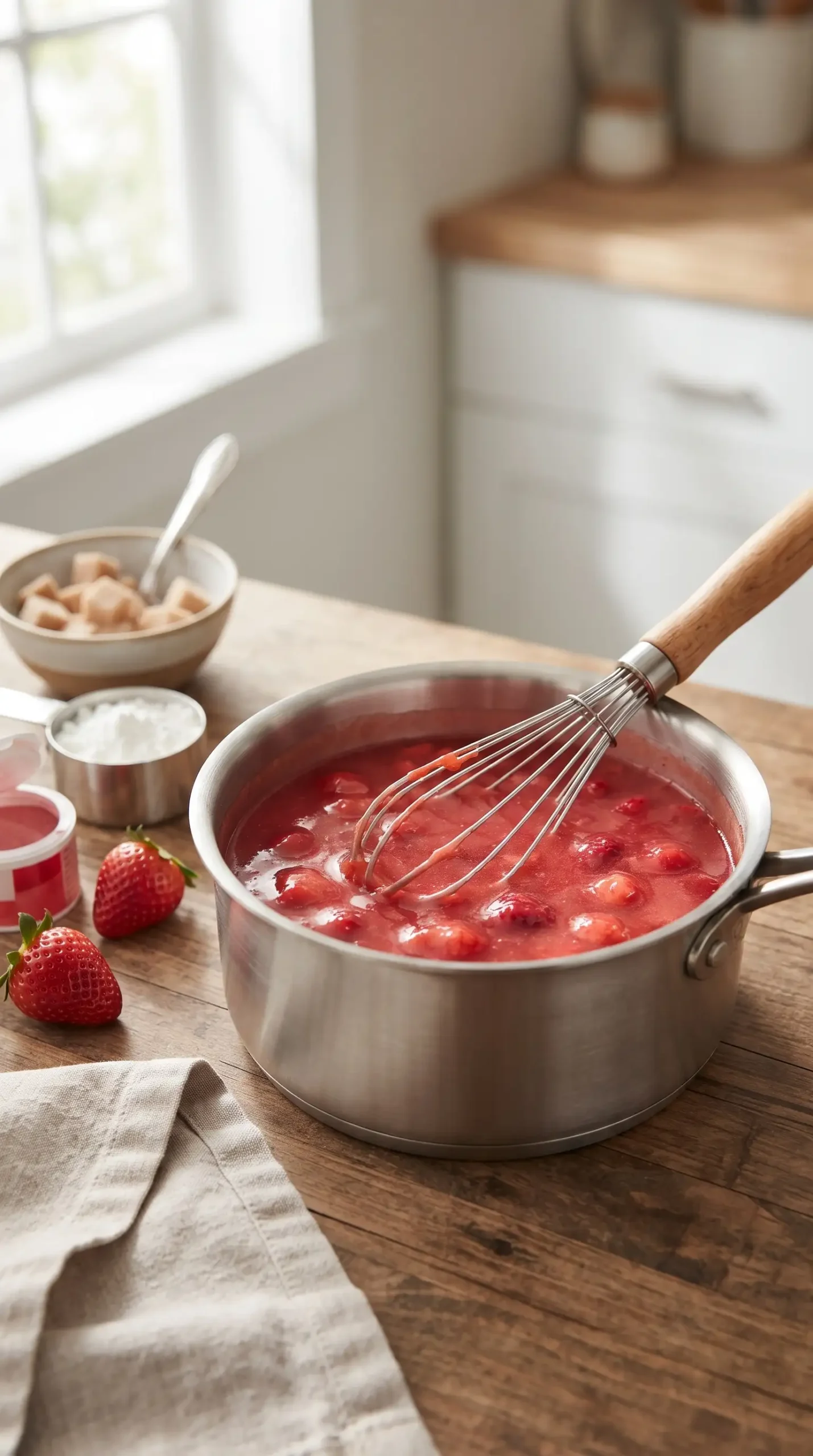 Glossy strawberry filling thickened with cornstarch and gelatin in a saucepan with a whisk