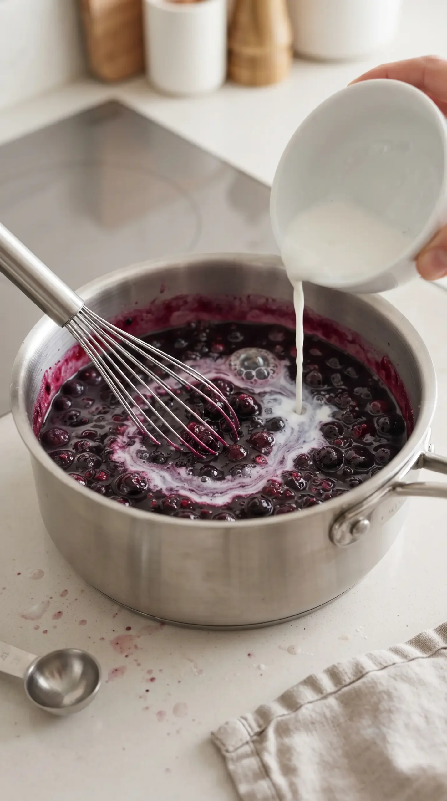 Cornstarch slurry stirred into cooked blueberries to thicken homemade blueberry sauce