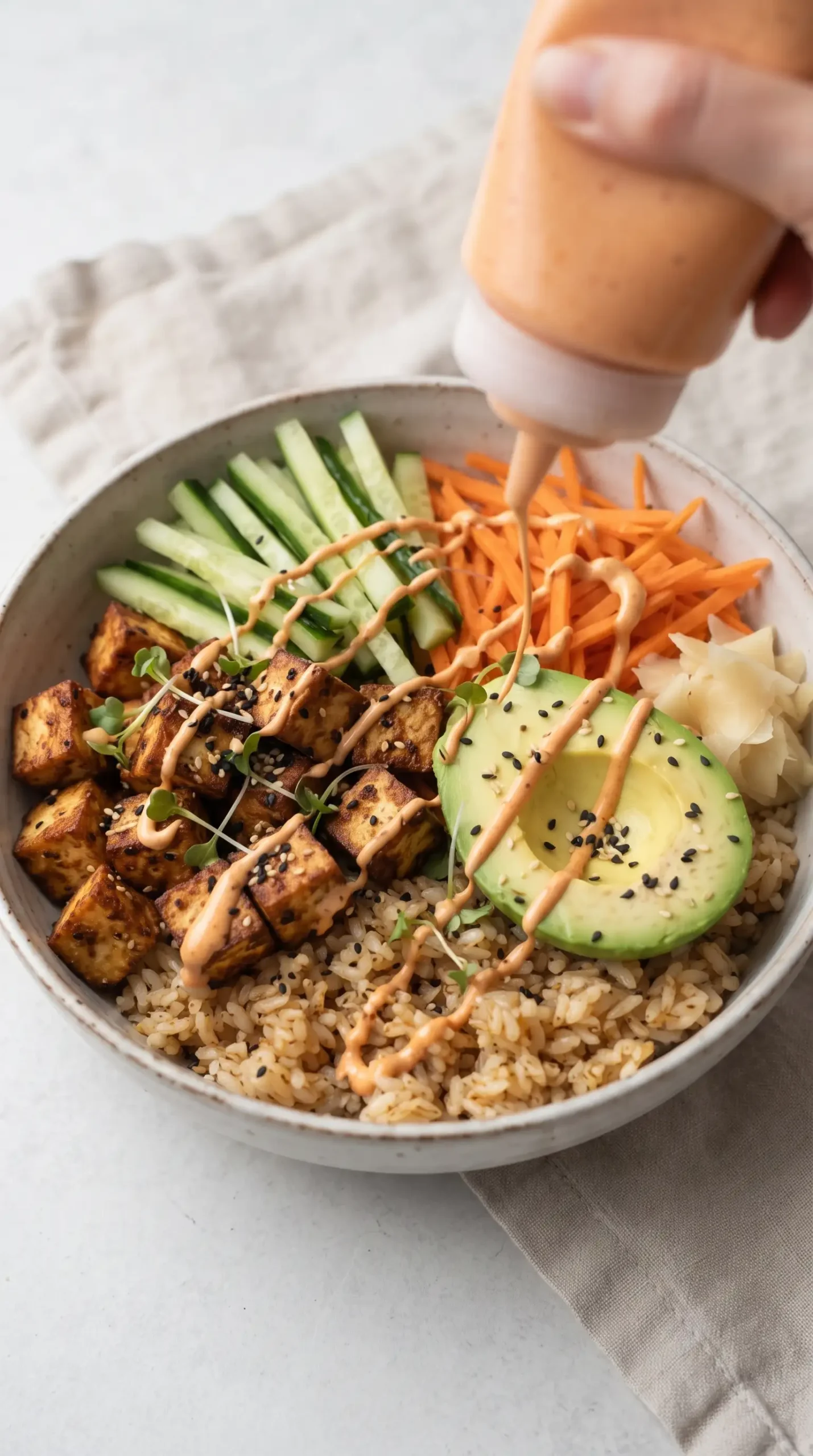 Tofu sushi bowl topped with avocado, vegetables, pickled ginger, sesame seeds, and a drizzle of spicy mayo