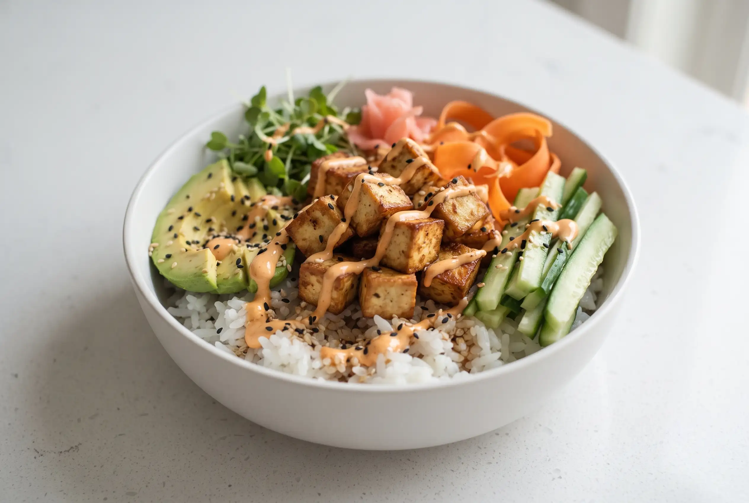 Tofu sushi bowl with rice, crispy tofu, cucumber, carrots, avocado, spicy mayo, sesame seeds, and pickled ginger