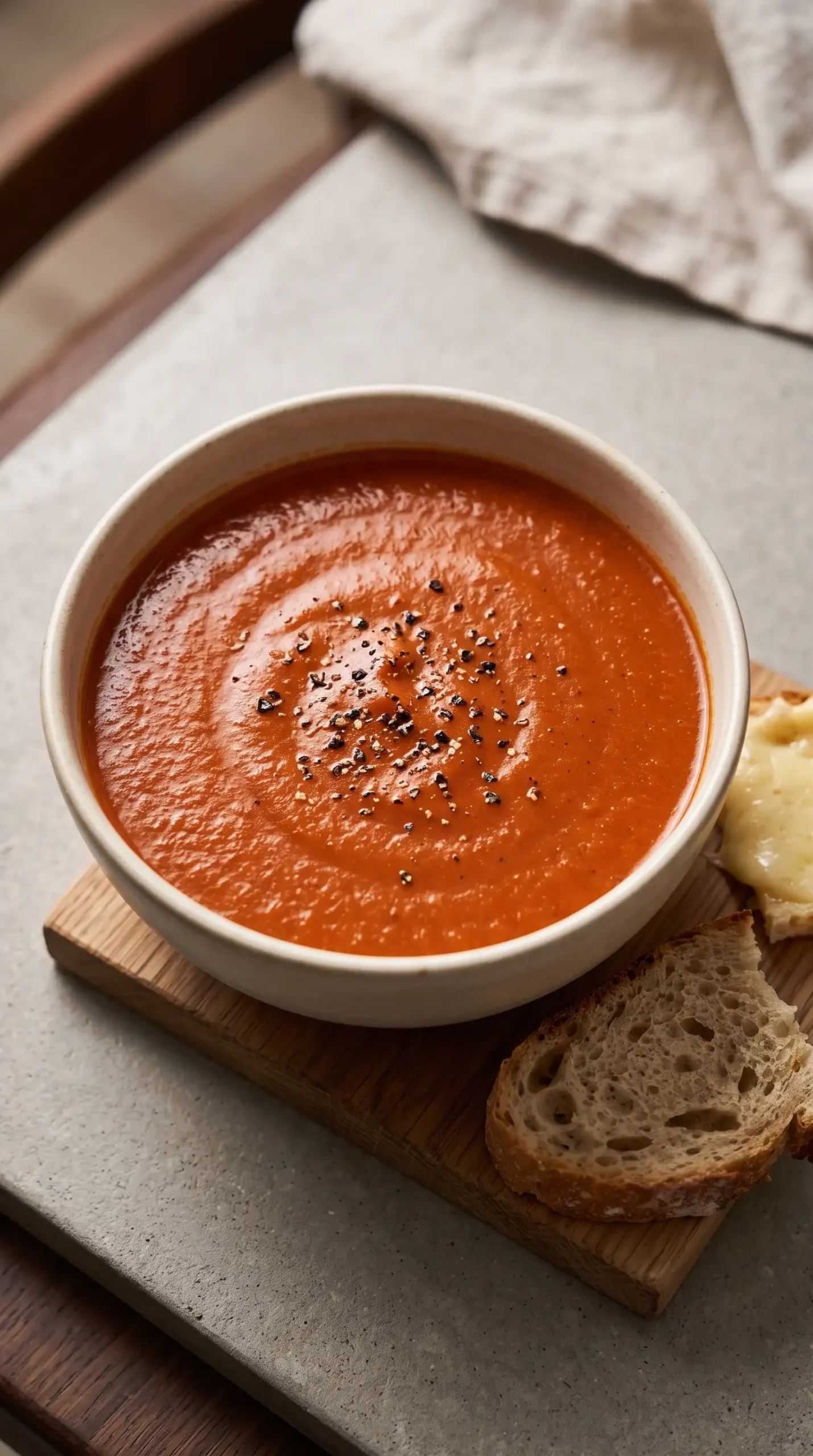 Bowl of creamy tomato balsamic soup served with cracked pepper, bread, and cheese