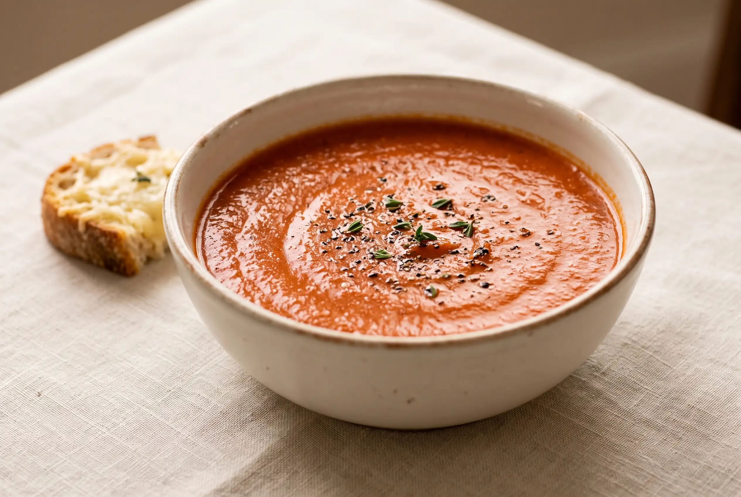 Creamy tomato balsamic soup with roasted tomatoes, garlic, pepper, bread, and cheese in a bowl