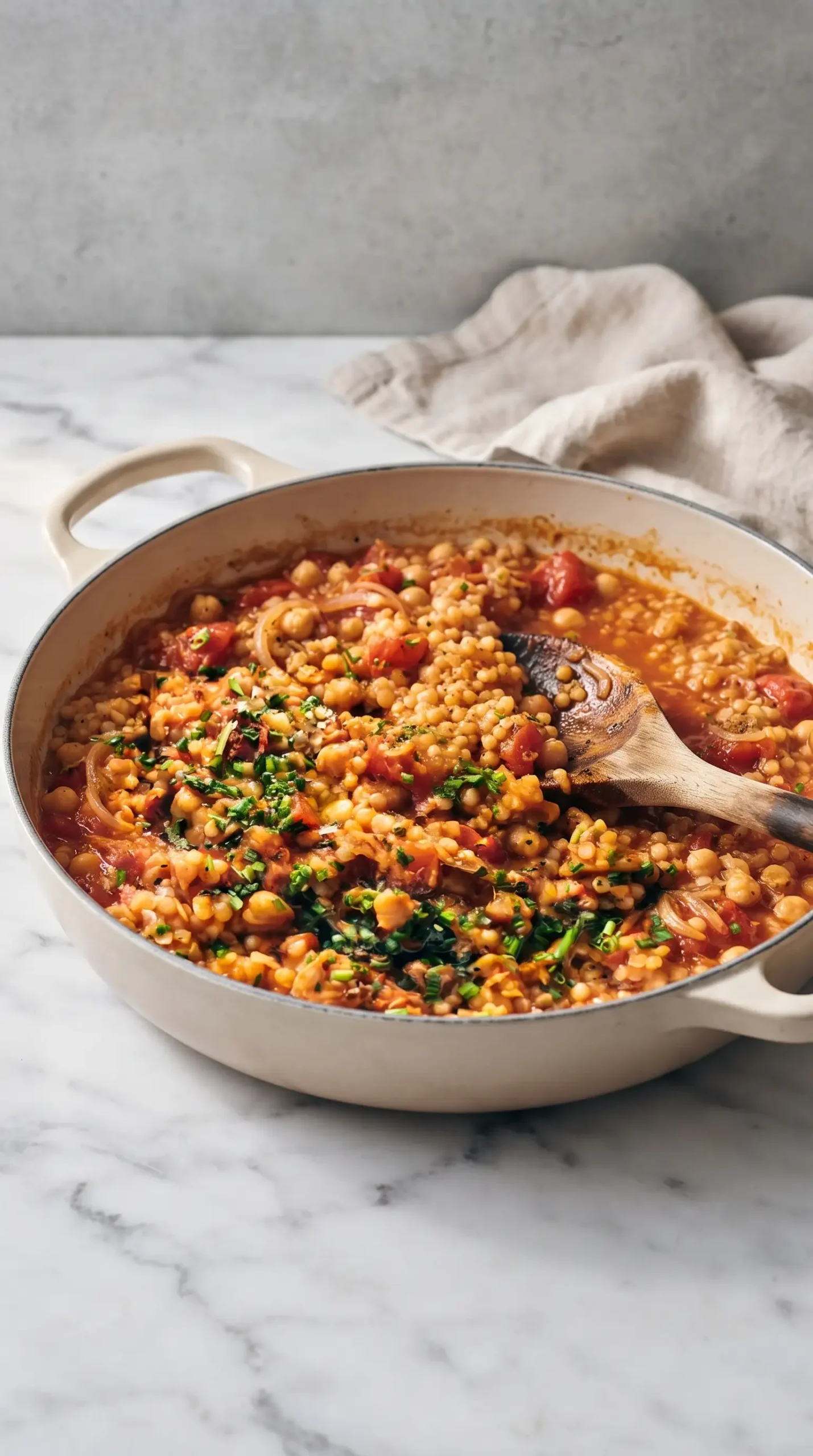 Tomato chickpea mixture simmering in a skillet with pearl couscous and shallots