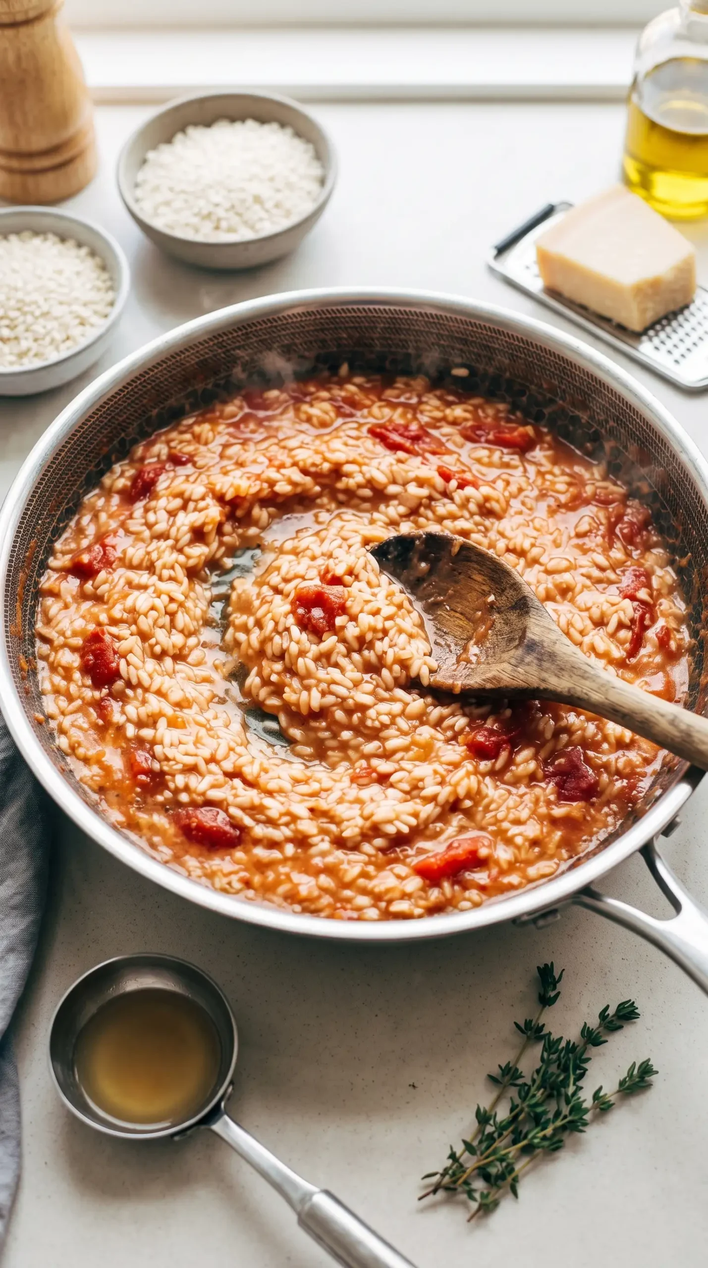 Creamy tomato risotto cooking in a skillet with Arborio rice and broth