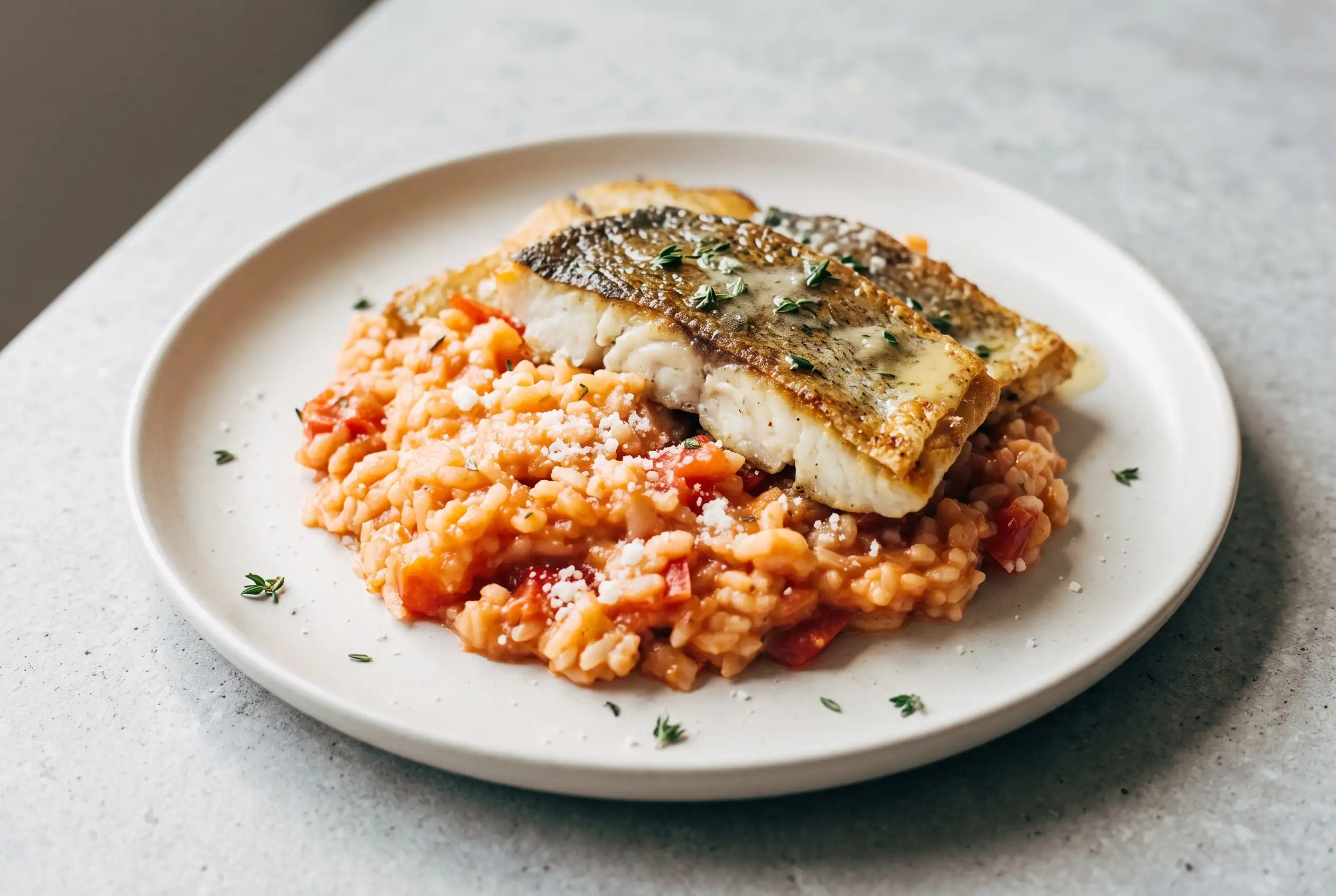 Tomato Risotto with Barramundi Tomato risotto with crispy pan fried Barramundi, Parmesan, and thyme on a plate