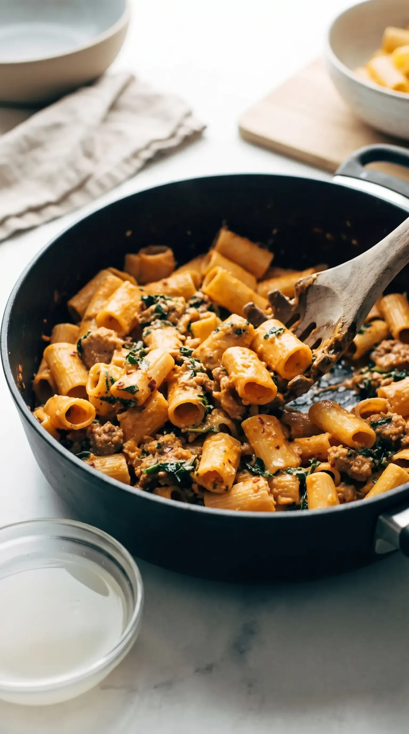 Rigatoni pasta tossed with creamy sausage sauce, kale, and reserved pasta water