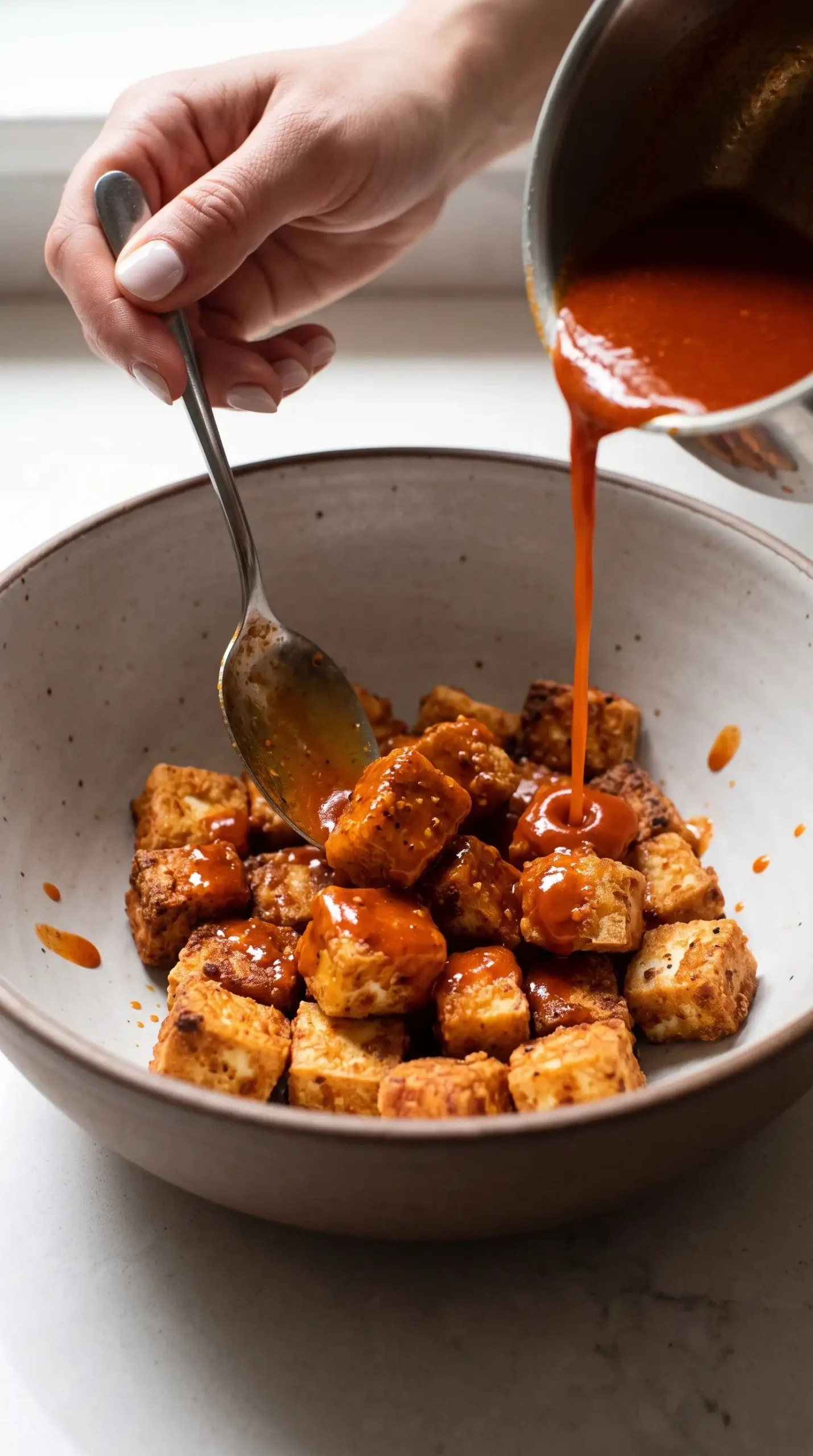 Golden tofu pieces being coated with glossy buffalo sauce and melted butter.