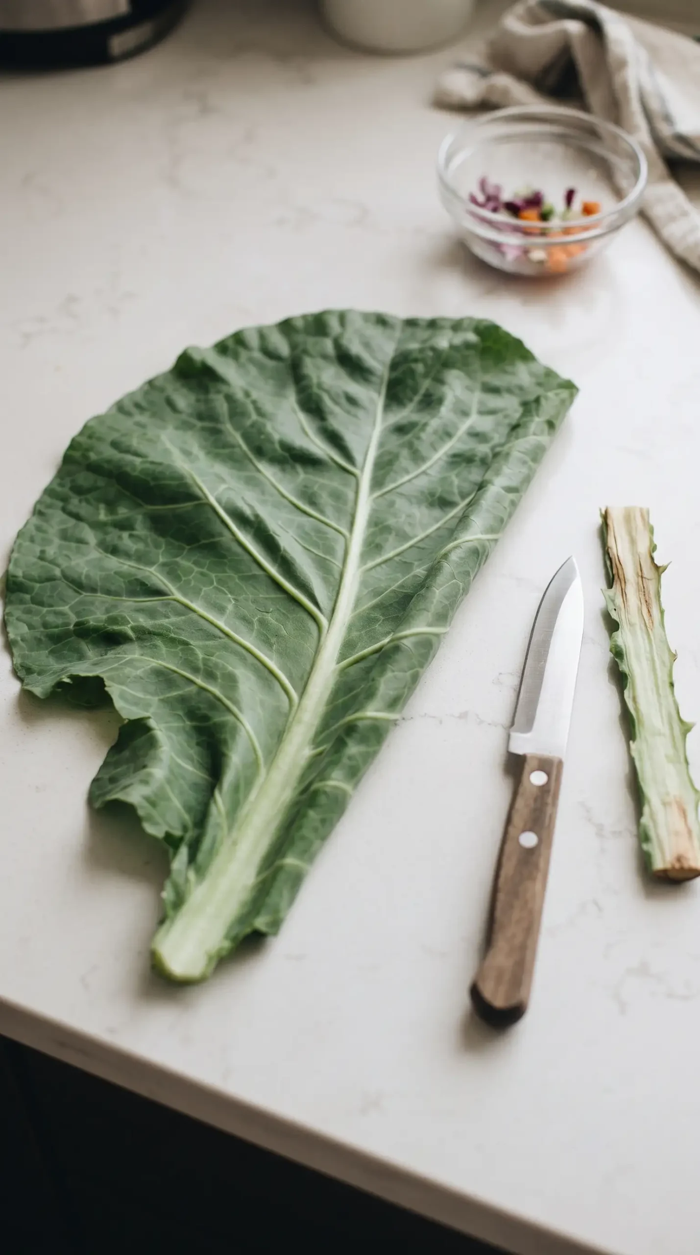 Collard green leaf with its thick center spine trimmed for easier rolling.