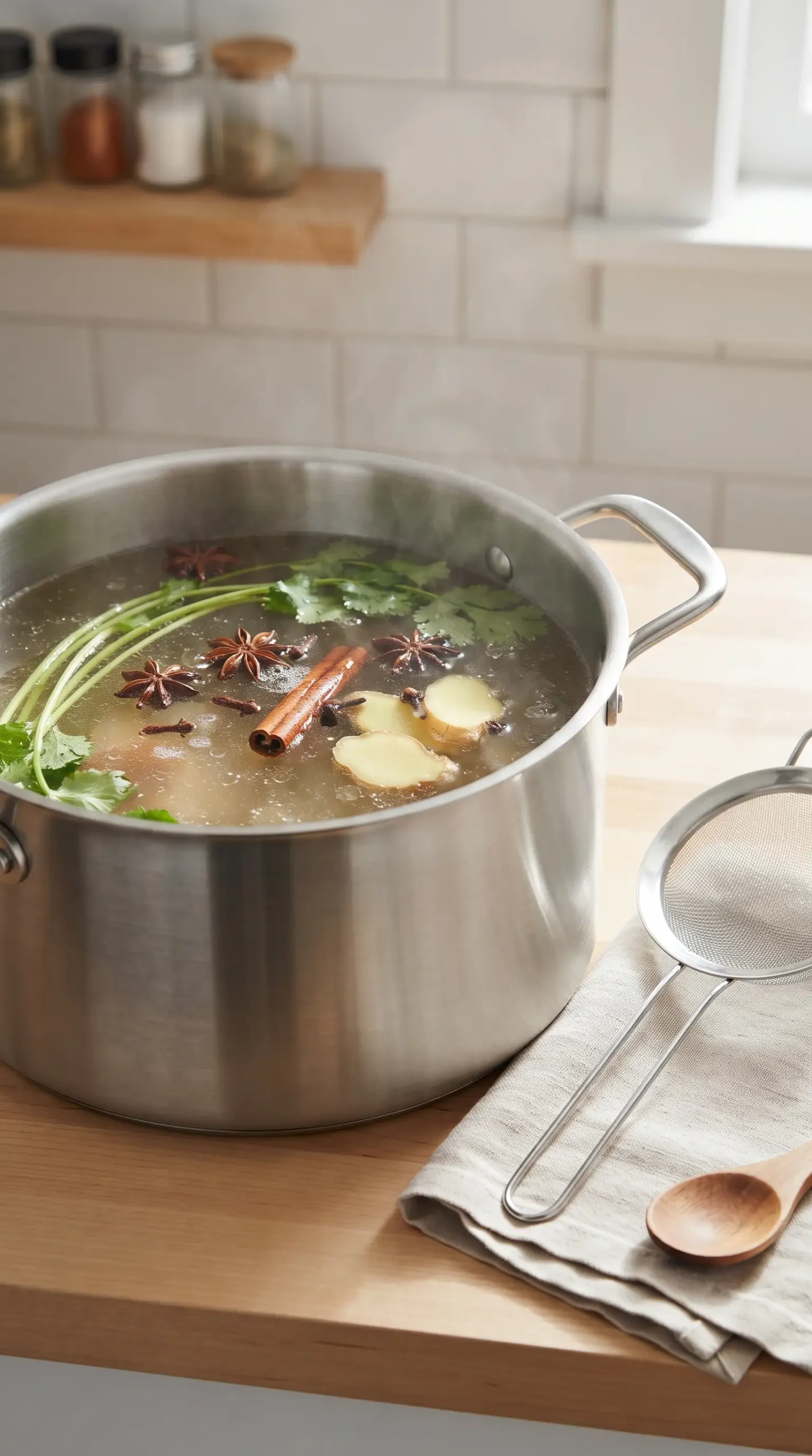 Aromatic turkey broth simmering with star anise, cloves, cinnamon, ginger, and cilantro stems
