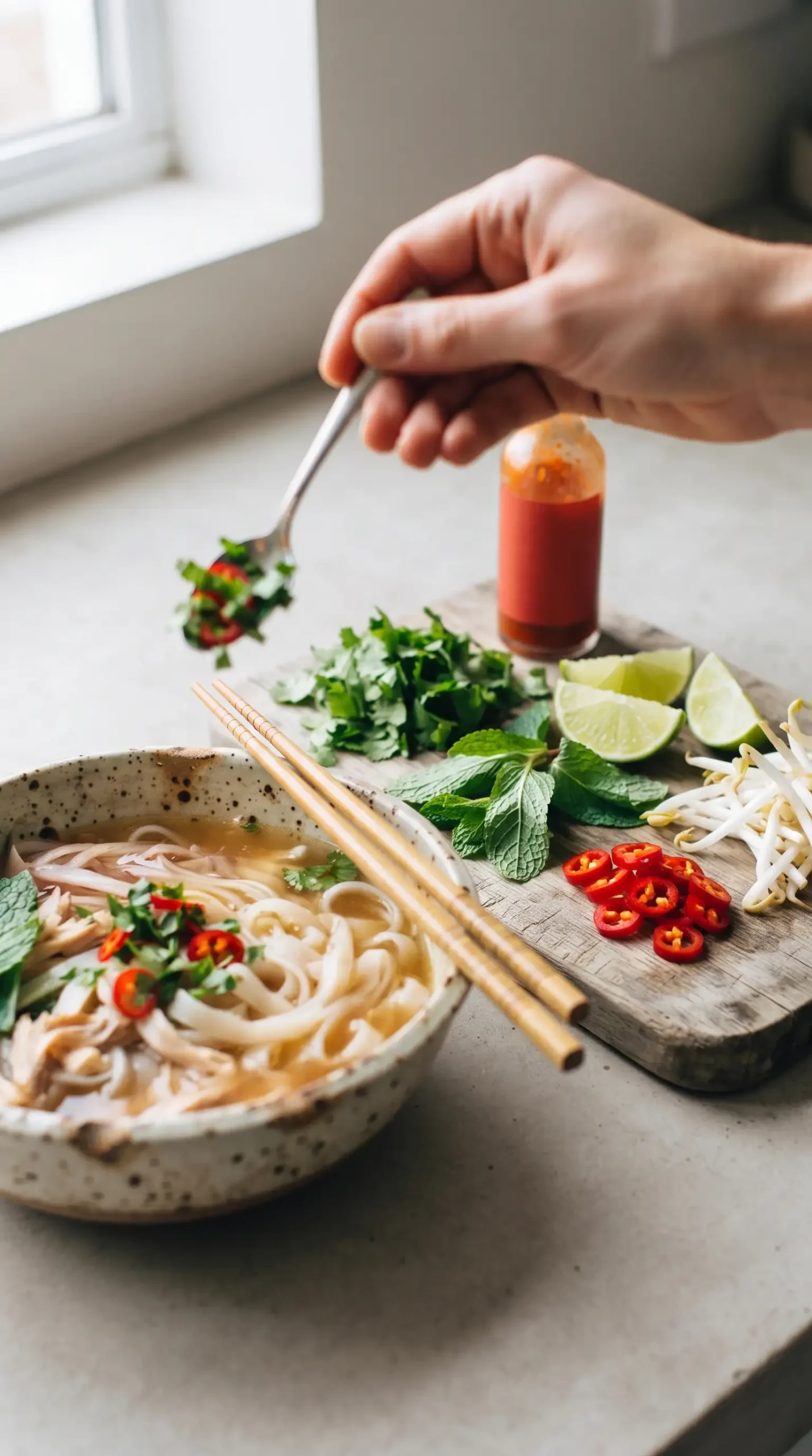 Fresh cilantro, mint, lime, chili peppers, bean sprouts, and hot sauce for turkey noodle soup