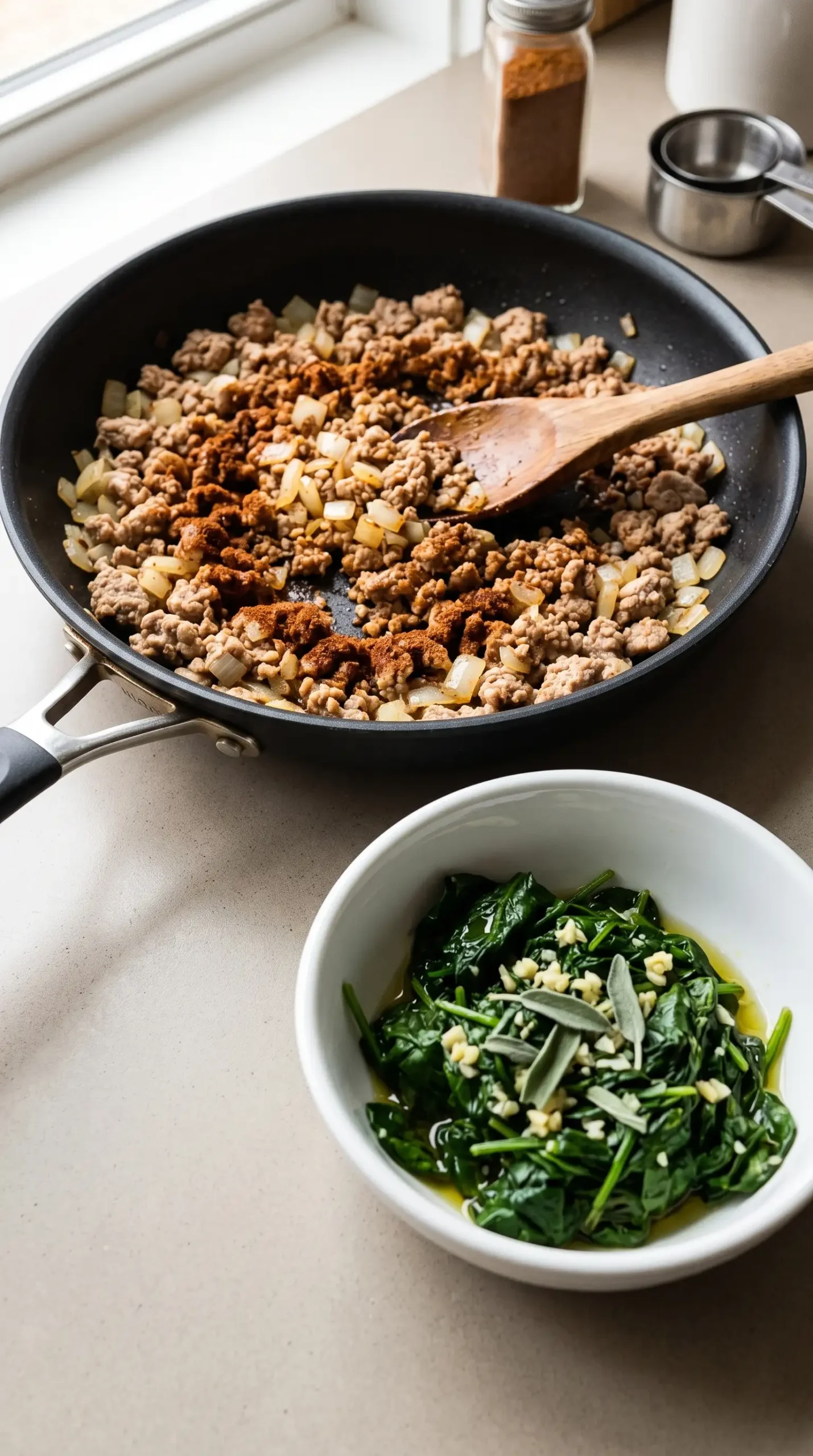 Ground turkey cooked with onions, chili seasoning, spinach, garlic, and sage for casserole filling