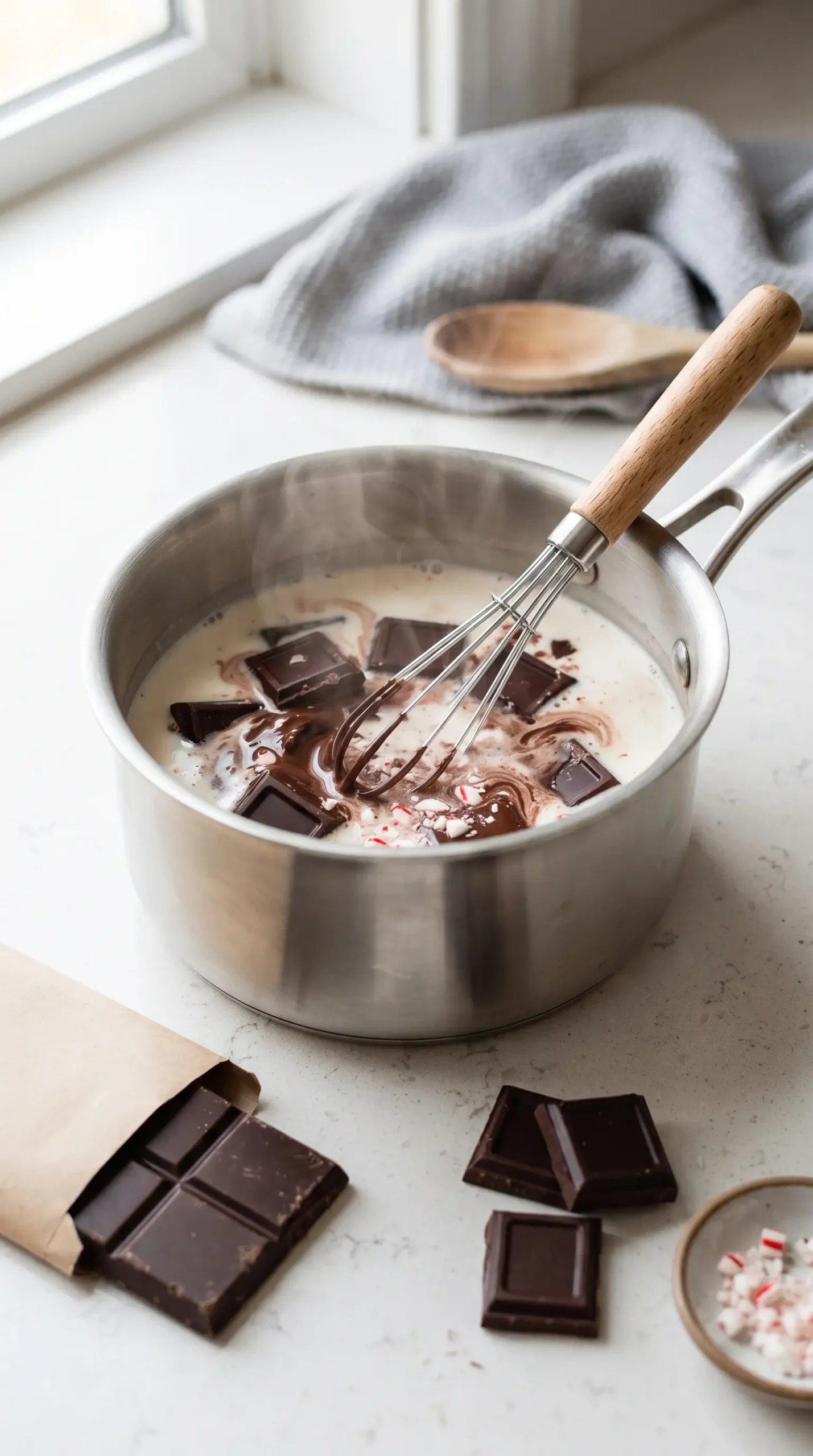 Warm milk and unsweetened chocolate melting together for peppermint mocha