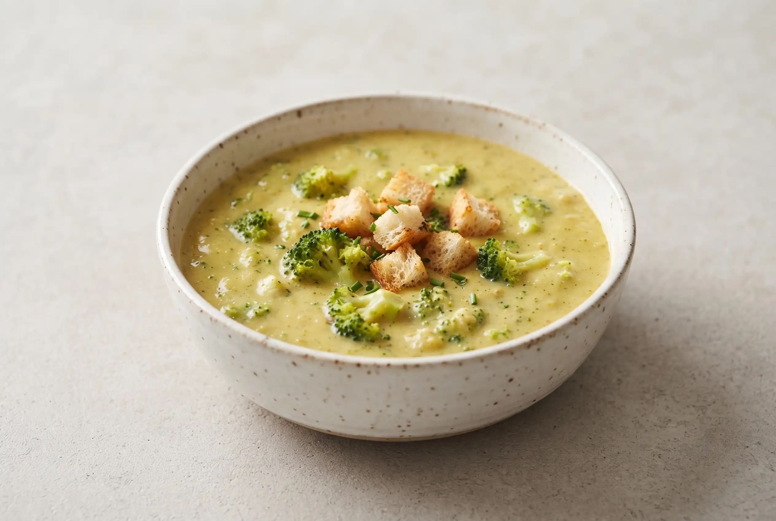 Vegan broccoli cheese soup with creamy almond milk base, broccoli florets, and crisp croutons