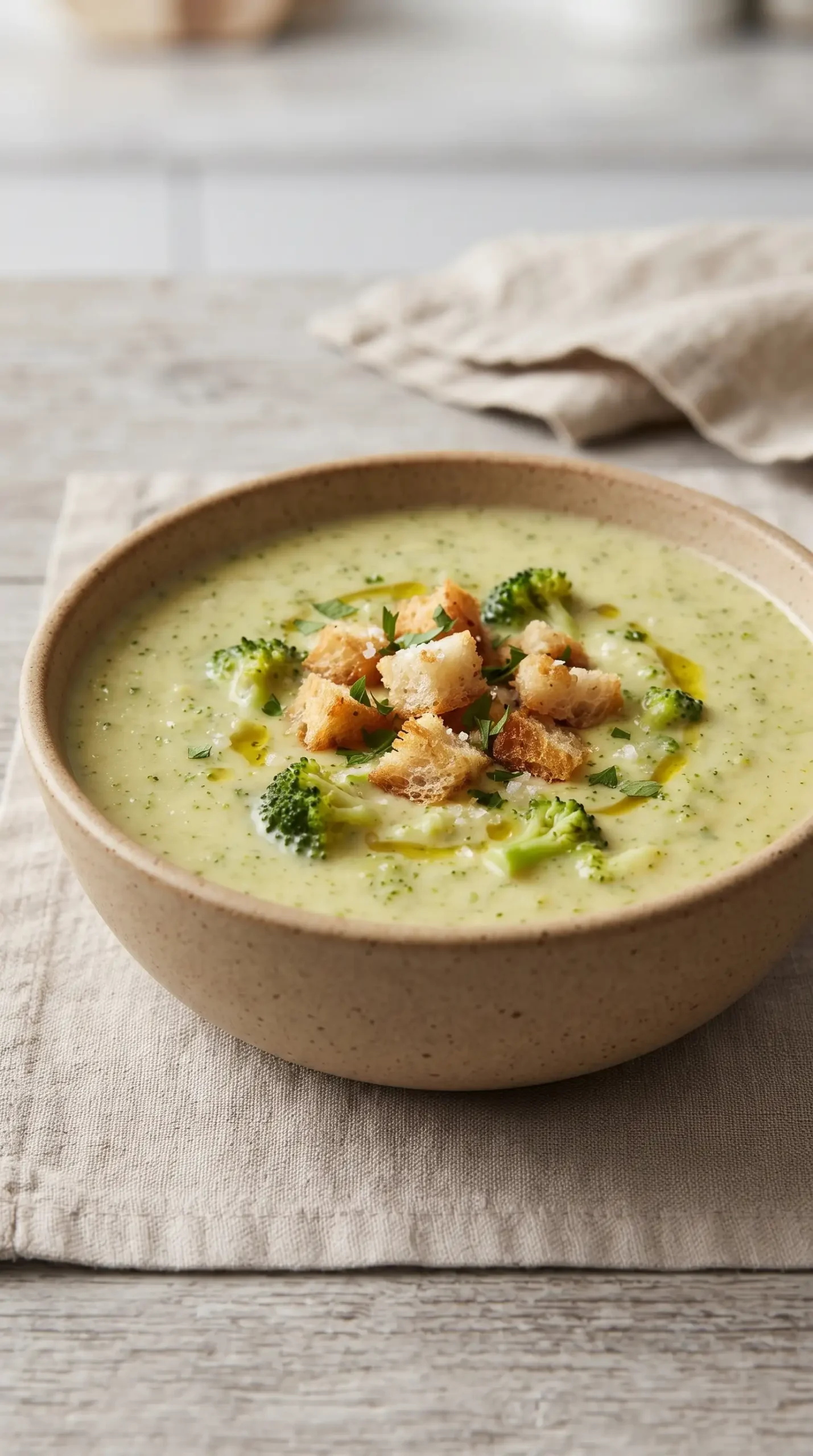 Creamy vegan broccoli cheese soup with bright broccoli pieces and crisp croutons in a bowl