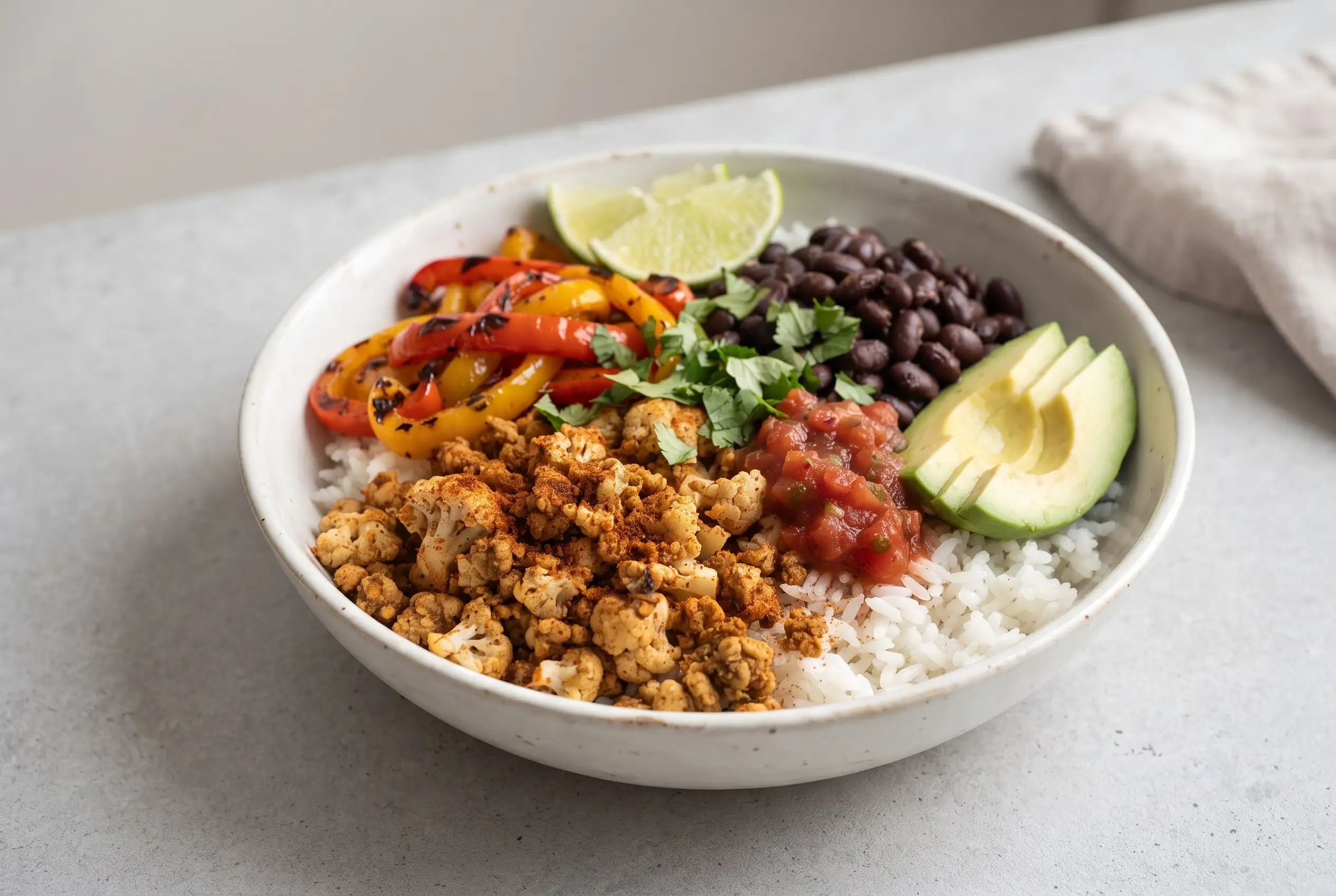 Vegan burrito bowl with cauliflower walnut taco meat, rice, beans, peppers, avocado, and fresh toppings