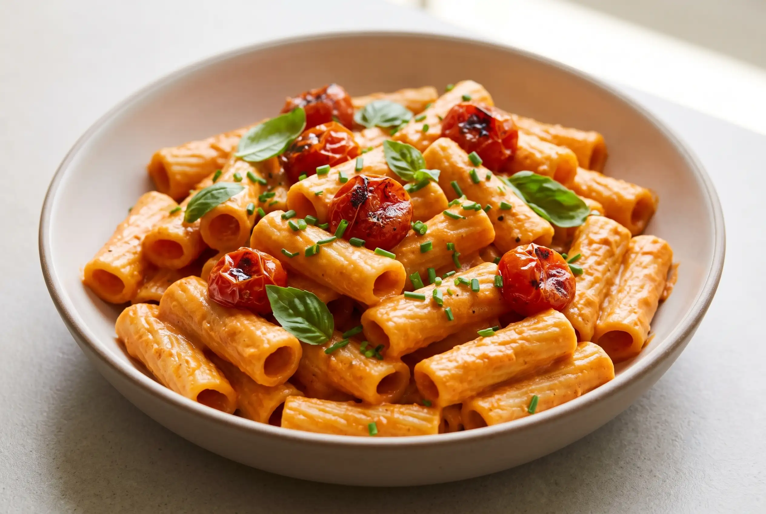 Vegan Red Pepper Pasta Bowl Vegan red pepper pasta with creamy cashew sauce, rigatoni, roasted tomatoes, and fresh herbs