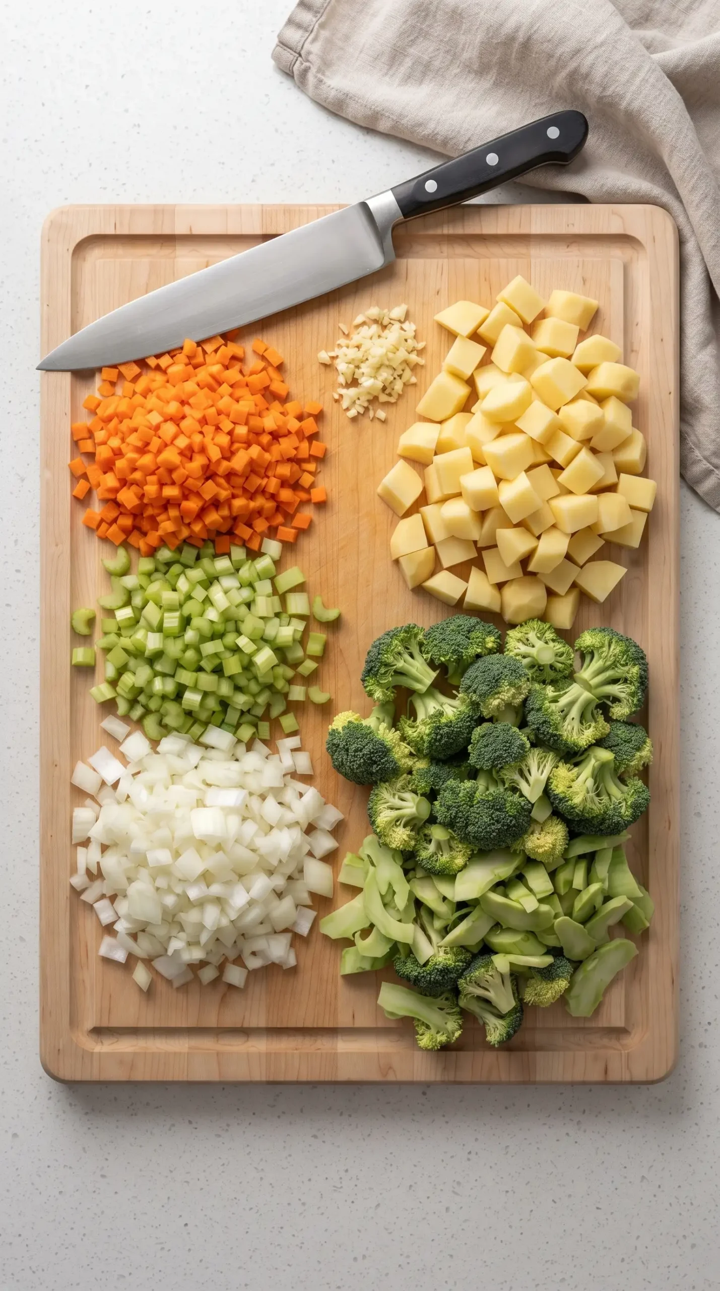 Chopped carrots, celery, onion, garlic, potato, and broccoli prepared for vegan broccoli cheese soup