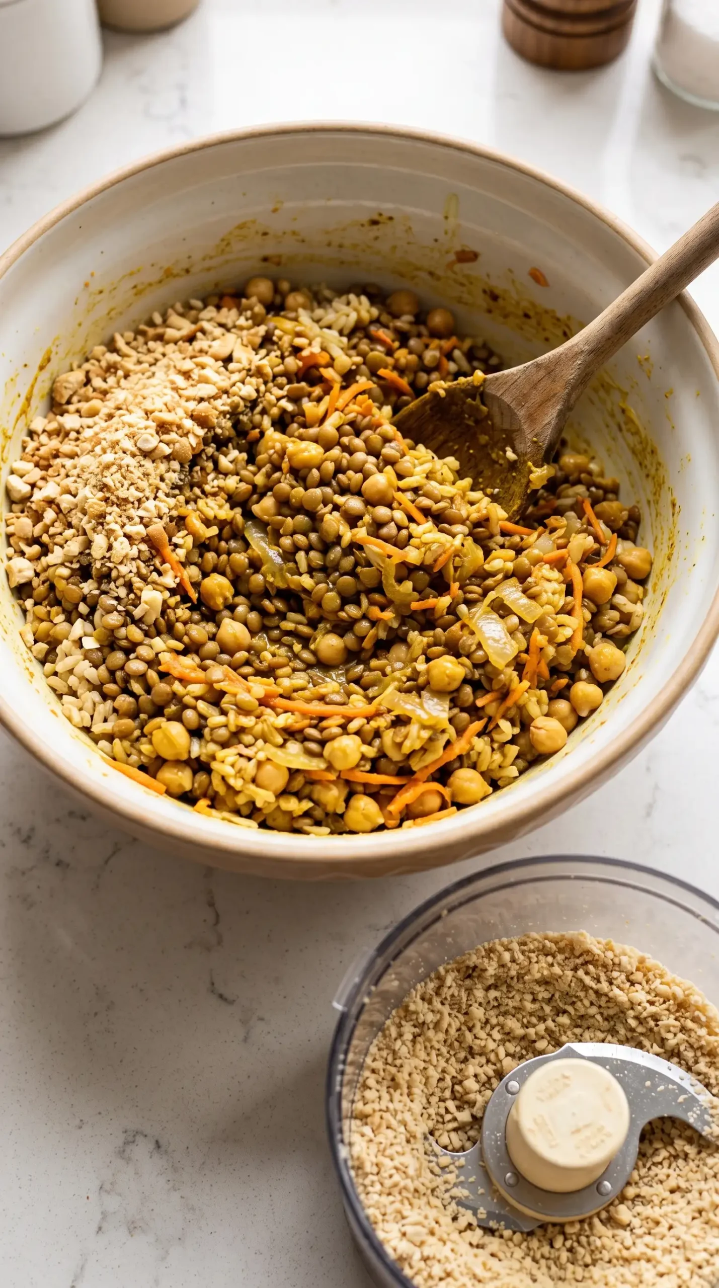 Bowl of chickpea, lentil, rice, carrot, and cashew veggie burger mixture